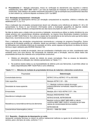 a) Procedimento 2 – Medição (informativo, Anexo A): verificação do atendimento aos requisitos e critérios
estabelecidos nesta ABNT NBR 15575-1, por meio da realização de medições em edificações ou protótipos
construídos. Este método é de caráter meramente informativo e não se sobrepõe aos procedimentos descritos
no item anterior (a), conforme disposto na diretiva 2:2011 da ABNT.
11.2 Simulação computacional – Introdução
Para a avaliação de desempenho térmico por simulação computacional os requisitos, critérios e métodos são
detalhados em 11.3 e 11.4.
Para a realização das simulações computacionais devem ser utilizadas como referência as tabelas A1, A2 e A3
apresentadas no Anexo A, que fornecem informações sobre a localização geográfica de algumas cidades
brasileiras e os dados climáticos correspondentes aos dias típicos de projeto de verão e de inverno.
Na falta de dados para a cidade onde se encontra a habitação, recomenda-se utilizar os dados climáticos de uma
cidade próxima com características climáticas semelhantes, na mesma Zona Bioclimática brasileira (conforme
indicado na NBR 15220-Parte 3). Se o clima na cidade não for semelhante ao de nenhuma outra que tenha dados
disponíveis, recomenda-se evitar o método da simulação computacional.
Para a realização das simulações computacionais recomenda-se o emprego do programa EnergyPlus. Outros
programas de simulação poderão ser utilizados, desde que permitam a determinação do comportamento térmico
de edificações sob condições dinâmicas de exposição ao clima, sendo capazes de reproduzir os efeitos de inércia
térmica e sejam validados pela ASHRAE Standard 140.
Para a geometria do modelo de simulação, deve ser considerada a habitação como um todo, considerando cada
ambiente como uma zona térmica. Na composição de materiais para a simulação, deve-se utilizar dados das
propriedades térmicas dos materiais e/ou componentes construtivos:
 Obtidos em laboratório, através de método de ensaio normalizado. Para os ensaios de laboratório,
recomenda-se a utilização dos métodos apresentados na Tabela 11.1.
 Na ausência destes dados ou na impossibilidade de obtê-los junto aos fabricantes, é permitido utilizar os
dados disponibilizados NBR 15220-Parte 2 como referência.
Tabela 11.1 — Métodos de medição de propriedades térmicas de materiais e elementos construtivos
Propriedade Determinação
Condutividade térmica ASTM C 518 ou ASTM C 177 ou ISO 8302
Calor específico Medição ASTM C 351 – 92b
Densidade de massa aparente
1.1 Medição conforme método de ensaio
preferencialmente normalizado, específico para o
material
Emissividade Medição JIS A 1423/ ASTM C1371 - 04a
Absortância à radiação solar
Medição ANSI/ASHRAE 74/88
ASTM E1918-06, ASTM E903-96
Resistência ou transmitância térmica de elementos
Medição conforme ABNT NBR 6488 ou cálculo
conforme ABNT NBR 15220-2, tomando-se por base
valores de condutividade térmica medidos
ASTM E903-96
Características fotoenergética (vidros) EN 410 – 1998/ EN 12898
11.3 Requisito – Exigências de desempenho no verão
Apresentar condições térmicas no interior do edifício habitacional melhores ou iguais às do ambiente externo, à
sombra, para o dia típico de verão, conforme 11.3.1.
 