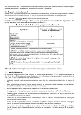 Para o período noturno, o sistema de iluminação artificial deve proporcionar condições internas satisfatórias para
ocupação dos recintos e circulação nos ambientes com conforto e segurança.
13.2 Requisito - Iluminação natural
Durante o dia, as dependências da edificação habitacional listadas na Tabela 13.1 devem receber iluminação
natural conveniente, oriunda diretamente do exterior ou indiretamente, através de recintos adjacentes.
13.2.1 Critério – Simulação: Níveis mínimos de iluminância natural
Contando unicamente com iluminação natural, os níveis gerais de iluminância nas diferentes dependências das
construções habitacionais devem atender ao disposto na Tabela 13.1.
Tabela 13.1* – Níveis de iluminância geral para iluminação natural
Dependência
Iluminância geral (lux) para o nível
mínimo de desempenho M
Sala de estar;
Dormitório;
Copa / cozinha;
Área de serviço.
 60
Banheiro;
Corredor ou escada interna à unidade;
Corredor de uso comum (prédios);
Escadaria de uso comum (prédios);
Garagens/estacionamentos
Não exigido
* Valores mínimos obrigatórios, conforme método de avaliação 13.2.2.
NOTA: Para os edifícios multipiso, admitem-se para as dependências situadas no
pavimento térreo ou em pavimentos abaixo da cota da rua níveis de iluminância
ligeiramente inferiores aos valores especificados na tabela acima (diferença máxima de
20% em qualquer dependência).
NOTA 2: Os critérios desta Tabela não se aplicam às áreas confinadas ou que não
tenham iluminação natural.
NOTA 3: Deve-se verificar e atender as condições mínimas exigidas pela legislação
local.
O Anexo E contém recomendações de outros níveis de desempenho relativos a estes critérios.
13.2.2 Método de avaliação
As simulações para o plano horizontal, períodos da manhã (9:30h) e da tarde (15:30h), respectivamente para os
dias 23 de abril e 23 de outubro e sua avaliação deve ser realizada com emprego do algoritmo apresentado na
ABNT NBR 15215 –3, atendendo as seguintes condições:
- considerar a latitude e a longitude do local da obra, supor dias com nebulosidade média (índice de nuvens 50
%);
- supor desativada a iluminação artificial, sem a presença de obstruções opacas (janelas e cortinas abertas,
portas internas abertas, sem roupas estendidas nos varais, etc);
- simulações para o centro dos ambientes, na altura de 0,75m acima do nível do piso;
- simulações nos pontos centrais de corredores internos ou externos à unidade, a 0,75m do nível do piso;
- para escadarias, simulações nos pontos centrais dos patamares e a meia-largura do degrau central de cada
lance, a 0,75m acima do nível do piso;
- para o caso de conjuntos habitacionais constituídos por casas ou sobrados, considerar todas as orientações
típicas das diferentes unidades;
- para o caso de conjuntos habitacionais constituídos por edifícios multipiso considerar, além das orientações
típicas, os diferentes pavimentos e as diferentes posições dos apartamentos nos andares;
- em qualquer circunstância, considerar os eventuais sombreamentos resultantes de edificações vizinhas,
taludes, muros e outros possíveis anteparos, desde que se conheçam o local e as condições de implantação
da obra.
 