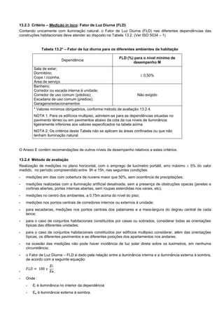 13.2.3 Critério – Medição in loco: Fator de Luz Diurna (FLD)
Contando unicamente com iluminação natural, o Fator de Luz Diurna (FLD) nas diferentes dependências das
construções habitacionais deve atender ao disposto na Tabela 13.2. (Ver ISO 5034 – 1)
Tabela 13.2* – Fator de luz diurna para os diferentes ambientes da habitação
Dependência
FLD (%) para o nível mínimo de
desempenho M
Sala de estar;
Dormitório;
Copa / cozinha;
Área de serviço.
 0,50%
Banheiro;
Corredor ou escada interna à unidade;
Corredor de uso comum (prédios);
Escadaria de uso comum (prédios);
Garagens/estacionamentos
Não exigido
* Valores mínimos obrigatórios, conforme método de avaliação 13.2.4.
NOTA 1: Para os edifícios multipiso, admitem-se para as dependências situadas no
pavimento térreo ou em pavimentos abaixo da cota da rua níveis de iluminância
ligeiramente inferiores aos valores especificados na tabela acima.
NOTA 2: Os critérios desta Tabela não se aplicam às áreas confinadas ou que não
tenham iluminação natural.
O Anexo E contém recomendações de outros níveis de desempenho relativos a estes critérios.
13.2.4 Método de avaliação
Realização de medições no plano horizontal, com o emprego de luxímetro portátil, erro máximo  5% do valor
medido, no período compreendido entre 9h e 15h, nas seguintes condições:
- medições em dias com cobertura de nuvens maior que 50%, sem ocorrência de precipitações;
- medições realizadas com a iluminação artificial desativada, sem a presença de obstruções opacas (janelas e
cortinas abertas, portas internas abertas, sem roupas estendidas nos varais, etc);
- medições no centro dos ambientes, a 0,75m acima do nível do piso;
- medições nos pontos centrais de corredores internos ou externos à unidade;
- para escadarias, medições nos pontos centrais dos patamares e a meia-largura do degrau central de cada
lance;
- para o caso de conjuntos habitacionais constituídos por casas ou sobrados, considerar todas as orientações
típicas das diferentes unidades;
- para o caso de conjuntos habitacionais constituídos por edifícios multipiso considerar, além das orientações
típicas, os diferentes pavimentos e as diferentes posições dos apartamentos nos andares;
- na ocasião das medições não pode haver incidência de luz solar direta sobre os luximetros, em nenhuma
circunstância;
- o Fator de Luz Diurna – FLD é dado pela relação entre a iluminância interna e a iluminância externa à sombra,
de acordo com a seguinte equação:
- ,
- Onde :
- Ei é iluminânica no interior da dependência
- Ee é iluminância externa à sombra.
 