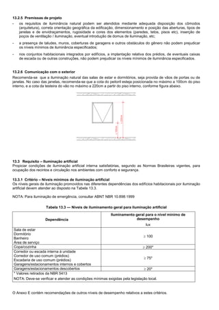 13.2.5 Premissas de projeto
- os requisitos de iluminância natural podem ser atendidos mediante adequada disposição dos cômodos
(arquitetura), correta orientação geográfica da edificação, dimensionamento e posição das aberturas, tipos de
janelas e de envidraçamentos, rugosidade e cores dos elementos (paredes, tetos, pisos etc), inserção de
poços de ventilação / iluminação, eventual introdução de domus de iluminação, etc;
- a presença de taludes, muros, coberturas de garagens e outros obstáculos do gênero não podem prejudicar
os níveis mínimos de iluminância especificados;
- nos conjuntos habitacionais integrados por edifícios, a implantação relativa dos prédios, de eventuais caixas
de escada ou de outras construções, não podem prejudicar os níveis mínimos de iluminância especificados.
13.2.6 Comunicação com o exterior
Recomenda-se que a iluminação natural das salas de estar e dormitórios, seja provida de vãos de portas ou de
janelas. No caso das janelas, recomenda-se que a cota do peitoril esteja posicionada no máximo a 100cm do piso
interno, e a cota da testeira do vão no máximo a 220cm a partir do piso interno, conforme figura abaixo.
13.3 Requisito – Iluminação artificial
Propiciar condições de iluminação artificial interna satisfatórias, segundo as Normas Brasileiras vigentes, para
ocupação dos recintos e circulação nos ambientes com conforto e segurança.
13.3.1 Critério – Níveis mínimos de iluminação artificial
Os níveis gerais de iluminação promovidos nas diferentes dependências dos edifícios habitacionais por iluminação
artificial devem atender ao disposto na Tabela 13.3.
NOTA: Para iluminação de emergência, consultar ABNT NBR 10.898:1999
Tabela 13.3 — Níveis de iluminamento geral para iluminação artificial
Dependência
Iluminamento geral para o nível mínimo de
desempenho
lux
Sala de estar
Dormitório
Banheiro
Área de serviço
 100
Copa/cozinha  200*
Corredor ou escada interna à unidade
Corredor de uso comum (prédios)
Escadaria de uso comum (prédios)
Garagens/estacionamentos internos e cobertos
 75*
Garagens/estacionamentos descobertos  20*
* Valores retirados da NBR 5413
NOTA: Deve-se verificar e atender as condições mínimas exigidas pela legislação local.
O Anexo E contém recomendações de outros níveis de desempenho relativos a estes critérios.
 