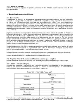 13.3.2 Método de avaliação
Análise de projeto ou inspeção em protótipo, utilizando um dos métodos estabelecidos no Anexo B, para
iluminação artificial.
14 Durabilidade e manutenibilidade
14.1 Generalidades
A durabilidade do edifício e de seus sistemas é uma exigência econômica do usuário, pois está diretamente
associada ao custo global do bem imóvel. A durabilidade de um produto se extingue quando ele deixa de cumprir
as funções que lhe forem atribuídas, quer seja pela degradação que o conduz a um estado insatisfatório
de desempenho, quer seja por obsolescência funcional. O período de tempo compreendido entre o início de
operação ou uso de um produto e o momento em que o seu desempenho deixa de atender às exigências do
usuário pre-estabelecidas é denominado vida útil. No Anexo C, faz-se uma análise mais abrangente dos conceitos
relacionados com a durabilidade e a vida útil, face à importância que representam para o desempenho do edifício
e seus sistemas.
projetistas, construtores e incorporadores são responsáveis pelos valores teóricos de Vida Útil de Projeto que
podem ser confirmados por meio de atendimento às normas Brasileiras ou Internacionais (Exemplo: ISO e IEC) ou
Regionais (Exemplo: Mercosul) e não havendo estas, podem ser consideradas normas estrangeiras na data do
projeto. Não obstante, não podem prever, estimar ou se responsabilizar pelo valor atingido de Vida Útil (VU) uma
vez que este depende de fatores fora de seu controle, tais como a o correto uso e operação do edifício e de suas
partes, a constância e efetividade das operações de limpeza e manutenção, alterações climáticas e níveis de
poluição no local, mudanças no entorno ao longo do tempo (trânsito de veículos, rebaixamento do nível do lençol
freático, obras de infraestrutura, expansão urbana, etc).
O valor final atingido de Vida Útil (VU) será uma composição do valor teórico calculado como Vida Útil de Projeto
(VUP) influenciado positivamente ou negativamente pelas ações de manutenção, intemperes e outros fatores
internos de controle do usuário e externos (naturais) fora de seu controle.
O Anexo D apenas informativo apresenta sugestão de Diretrizes para o estabelecimento de prazos de garantia.
O prazo de garantia da solidez e segurança das edificações é fixado por lei.
14.2 Requisito – Vida útil de projeto do edifício e dos sistemas que o compõem
Projetar os sistemas da edificação de acordo com valores teóricos preestabelecidos de Vida Útil de Projeto
14.2.1 Critério – Vida Útil de Projeto
O projeto deve especificar o valor teórico para a Vida Útil de Projeto (VUP) para cada um dos sistemas que o
compõem, não inferiores aos estabelecidos na Tabela 14.1, e deve ser elaborado para que os sistemas tenham
uma durabilidade potencial compatível com a Vida Útil de Projeto (VUP).
Tabela 14.1* — Vida Útil de Projeto (VUP)
Sistema
VUP mínima
anos
Estrutura  50
segundo ABNT NBR 8681-2003
Pisos internos  13
Vedação vertical externa  40
Vedação vertical interna  20
Cobertura  20
Hidrossanitário  20
* Considerando periodicidade e processos de manutenção especificados no respectivo Manual de Uso, Operação
e Manutenção entregue ao usuário elaborado em atendimento à norma NBR 5674.
 