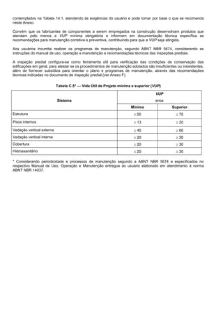contemplados na Tabela 14.1, atendendo às exigências do usuário e pode tomar por base o que se recomenda
neste Anexo.
Convém que os fabricantes de componentes a serem empregados na construção desenvolvam produtos que
atendam pelo menos a VUP mínima obrigatória e informem em documentação técnica específica as
recomendações para manutenção corretiva e preventiva, contribuindo para que a VUP seja atingida.
Aos usuários incumbe realizar os programas de manutenção, segundo ABNT NBR 5674, considerando as
instruções do manual de uso, operação e manutenção e recomendações técnicas das inspeções prediais.
A inspeção predial configura-se como ferramenta útil para verificação das condições de conservação das
edificações em geral, para atestar se os procedimentos de manutenção adotados são insuficientes ou inexistentes,
além de fornecer subsídios para orientar o plano e programas de manutenção, através das recomendações
técnicas indicadas no documento de inspeção predial (ver Anexo F).
Tabela C.5* — Vida Útil de Projeto mínima e superior (VUP)
Sistema
VUP
anos
Mínimo Superior
Estrutura  50  75
Pisos internos  13  20
Vedação vertical externa  40  60
Vedação vertical interna  20  30
Cobertura  20  30
Hidrossanitário  20  30
* Considerando periodicidade e processos de manutenção segundo a ABNT NBR 5674 e especificados no
respectivo Manual de Uso, Operação e Manutenção entregue ao usuário elaborado em atendimento à norma
ABNT NBR 14037.
 