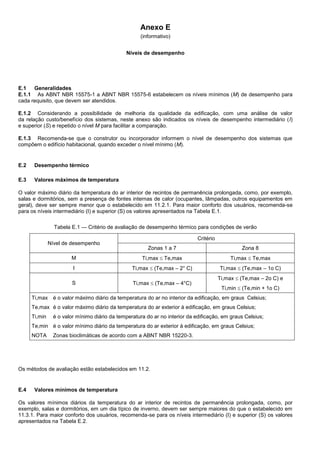 Anexo E
(informativo)
Níveis de desempenho
E.1 Generalidades
E.1.1 As ABNT NBR 15575-1 a ABNT NBR 15575-6 estabelecem os níveis mínimos (M) de desempenho para
cada requisito, que devem ser atendidos.
E.1.2 Considerando a possibilidade de melhoria da qualidade da edificação, com uma análise de valor
da relação custo/benefício dos sistemas, neste anexo são indicados os níveis de desempenho intermediário (I)
e superior (S) e repetido o nível M para facilitar a comparação.
E.1.3 Recomenda-se que o construtor ou incorporador informem o nível de desempenho dos sistemas que
compõem o edifício habitacional, quando exceder o nível mínimo (M).
E.2 Desempenho térmico
E.3 Valores máximos de temperatura
O valor máximo diário da temperatura do ar interior de recintos de permanência prolongada, como, por exemplo,
salas e dormitórios, sem a presença de fontes internas de calor (ocupantes, lâmpadas, outros equipamentos em
geral), deve ser sempre menor que o estabelecido em 11.2.1. Para maior conforto dos usuários, recomenda-se
para os níveis intermediário (I) e superior (S) os valores apresentados na Tabela E.1.
Tabela E.1 — Critério de avaliação de desempenho térmico para condições de verão
Nível de desempenho
Critério
Zonas 1 a 7 Zona 8
M Ti,max  Te,max Ti,max  Te,max
I Ti,max  (Te,max – 2° C) Ti,max  (Te,max – 1o C)
S Ti,max  (Te,max – 4°C)
Ti,max  (Te,max – 2o C) e
Ti,min  (Te,min + 1o C)
Ti,max é o valor máximo diário da temperatura do ar no interior da edificação, em graus Celsius;
Te,max é o valor máximo diário da temperatura do ar exterior à edificação, em graus Celsius;
Ti,min é o valor mínimo diário da temperatura do ar no interior da edificação, em graus Celsius;
Te,min é o valor mínimo diário da temperatura do ar exterior à edificação, em graus Celsius;
NOTA Zonas bioclimáticas de acordo com a ABNT NBR 15220-3.
Os métodos de avaliação estão estabelecidos em 11.2.
E.4 Valores mínimos de temperatura
Os valores mínimos diários da temperatura do ar interior de recintos de permanência prolongada, como, por
exemplo, salas e dormitórios, em um dia típico de inverno, devem ser sempre maiores do que o estabelecido em
11.3.1. Para maior conforto dos usuários, recomenda-se para os níveis intermediário (I) e superior (S) os valores
apresentados na Tabela E.2.
 