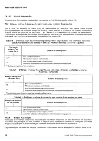Cópia não autorizada

ABNT NBR 15575-2:2008

Nível de desempenho

7.4.1 . I .3

O cumprimento dos requisitos estabelecidos corresponde ao nível de desempenho minimo (M)

7.4.2

Critérios e níveis de desempenho para resistência a impactos de corpo duro

Sob a ação de impactos de corpo duro, os componentes da edificação não devem sofrer ruptura
ou traspassamento sob qualquer energia de impacto, sendo tolerada a ocorrência de fissuras, lascamentos
e outros danos em impactos de segurança. As Tabelas 6 a 8 apresentam os critérios de desempenho.
Considerando a possibilidade de melhoria da qualidade da edificação, são recomendados os valores constantes
e
no Anexo E para os níveis de desempenho intermediário (I) superior (S).

-

Tabela 6
Critérios e níveis de desempenho para impacto de corpo duro na face externa de elementos
estruturais localizados na fachada do edifício e nas faces externas acessíveis ao público
Energia de
impacto a) de
corpo duro

Critério de desempenho

J
3,75
20

I

Não ocorrência de falhas
Mossas com qualquer profundidade
Não ocorrência de ruína e traspassamento
Admitidas falhas superficiais como mossas, fissuras e desagregações

Sentido do impacto de fora para dentro.

a'

Tabela 7

-

.

I

-

- Critérios e níveis de desempenho para elementos estruturais localizados no interior
do edifício e na fachada

Energia de impacto
de corpo duro

Critério de desempenho

J
n

Não ocorrência de falhas
Mossas com qualquer profundidade

,
-

L,3

Não ocorrência de ruína e traspassamento
Admitidas falhas superficiais como mossas, fissuras e desagregações

.e
,
I

u

a)

Sentido do i m ~ a c t o dentro para fora. aplicado na face interna.
de

Tabela 8
Energia de impacto
de corpo duro

- Critérios e níveis de desempenho para impacto de corpo duro em pisos
Critério de desempenho

J
5

30

Não ocorrência de falhas
Mossas com qualquer profundidade
Não ocorrência de ruína e traspassamento
Admitidas falhas superficiais como mossas, fissuras e desagregações

7.4.2.1
Método de avaliação
Verificação da resistência e depressão provocada pelo impacto de corpo duro, por meio de ensaios em laboratório
executados em protótipos ou obra, devendo o corpo-de-prova representar fielmente as condições executivas
da obra, inclusive tipos de apoiolvinculaçóes, conforme método de ensaio indicado no Anexo D.

Os guarda-corpos instalados em terraços, coberturas e outros devem atender as exigências da ABNT NBR 14718.

O ABNT 2008 - Todos os direitos reservados

 