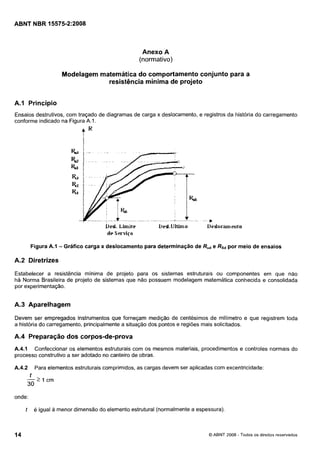 Cópia não autorizada

ABNT NBR 15575-2:2008

Anexo A
(normativo)
Modelagem matemática do comportamento conjunto para a
resistência mínima de projeto
A.l Princípio
Ensaios destrutivos, com traçado de diagramas de carga x deslocamento, e registros da história do carregamento
conforme indicado na Figura A.1 .

tR

Figura A.1

- Gráfico carga x deslocamento para determinação de R,d e RSÇI meio de ensaios
por

A.2 Diretrizes
Estabelecer a resistência mínima de projeto para os sistemas estruturais ou componentes em que não
há Norma Brasileira de projeto de sistemas que não possuem modelagem matemática conhecida e consolidada
por experimentação.

A.3 Aparelhagem
Devem ser empregados instrumentos que forneçam medição de centésimos de milímetro e que registrem toda
a história do carregamento, principalmente a situação dos pontos e regiões mais solicitados.

A.4 Preparação dos corpos-de-prova
A.4.1 Confeccionar os elementos estruturais com os mesmos materiais, procedimentos e controles normais do
processo construtivo a ser adotado no canteiro de obras.
A.4.2

Para elementos estruturais comprimidos, as cargas devem ser aplicadas com excentricidade:

onde:

t

14

e igual a menor dimensão do elemento estrutural (normalmente a espessura).

O ABNT 2008 - Todos os direitos reservados

 