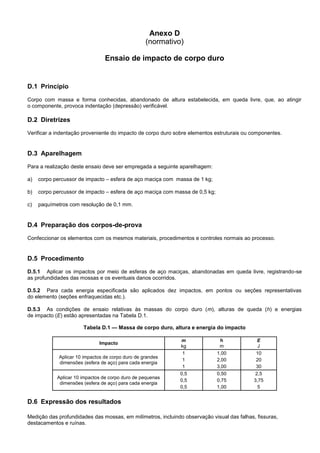 Anexo D
(normativo)
Ensaio de impacto de corpo duro
D.1 Princípio
Corpo com massa e forma conhecidas, abandonado de altura estabelecida, em queda livre, que, ao atingir
o componente, provoca indentação (depressão) verificável.
D.2 Diretrizes
Verificar a indentação proveniente do impacto de corpo duro sobre elementos estruturais ou componentes.
D.3 Aparelhagem
Para a realização deste ensaio deve ser empregada a seguinte aparelhagem:
a) corpo percussor de impacto – esfera de aço maciça com massa de 1 kg;
b) corpo percussor de impacto – esfera de aço maciça com massa de 0,5 kg;
c) paquímetros com resolução de 0,1 mm.
D.4 Preparação dos corpos-de-prova
Confeccionar os elementos com os mesmos materiais, procedimentos e controles normais ao processo.
D.5 Procedimento
D.5.1 Aplicar os impactos por meio de esferas de aço maciças, abandonadas em queda livre, registrando-se
as profundidades das mossas e os eventuais danos ocorridos.
D.5.2 Para cada energia especificada são aplicados dez impactos, em pontos ou seções representativas
do elemento (seções enfraquecidas etc.).
D.5.3 As condições de ensaio relativas às massas do corpo duro (m), alturas de queda (h) e energias
de impacto (E) estão apresentadas na Tabela D.1.
Tabela D.1 — Massa de corpo duro, altura e energia do impacto
Impacto
m
kg
h
m
E
J
Aplicar 10 impactos de corpo duro de grandes
dimensões (esfera de aço) para cada energia
1
1
1
1,00
2,00
3,00
10
20
30
Aplicar 10 impactos de corpo duro de pequenas
dimensões (esfera de aço) para cada energia
0,5
0,5
0,5
0,50
0,75
1,00
2,5
3,75
5
D.6 Expressão dos resultados
Medição das profundidades das mossas, em milímetros, incluindo observação visual das falhas, fissuras,
destacamentos e ruínas.
 