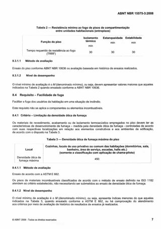 Cópia não autorizada

ABNT NBR 15575-3:2008

Tabela 2

- Resistência mínima ao fogo de pisos de compartimentação
entre unidades habitacionais (entrepisos)

Função do piso

Isolamento
térmico

Estanqueidade Estabilidade
min

min

min

/

1

Tempo requerido de resistência ao fogo
(TRRF)

30

8.3.1 . Método de avaliação
I
Ensaio do piso conforme ABNT NBR 10636 ou avaliação baseada em histórico de ensaios realizados.

8.3.1.2

Nível de desempenho

O nível mínimo de aceitação e o M (denominado mínimo), ou seja, devem apresentar valores maiores que aqueles
indicados na Tabela 2 quando ensaiado conforme a ABNT NBR 10636.

8.4

Requisito

- Facilidade de fuga

Facilitar a fuga dos usuários da habitação em uma situação de incêndio.
Este requisito não se aplica a componentes ou elementos incombustiveis.

8.4.1

Critério

- Limitação da densidade ótica de fumaça

0 s materiais de revestimento, acabamento ou de isolamento termoacústico empregados no piso devem ter as
características de desenvolvimento de fumaça - medida pela densidade ótica de fumaça controladas de acordo
com suas respectivas localizações em relação aos elementos construtivos e aos ambientes da edificação,
de acordo com o disposto na Tabela 3.

-

Tabela 3

- Densidade ótica de fumaça máxima do piso
-

Local

I

I

i
1

Densidade ótica de
fumaça máxima

-

-

I Cozinhas, locais de uso privativo ou comum das habitações (dormitórios, sala,
banheiro, área de serviço, escadas, halls etc.)
(somente a classificação com aplicação de chama-piloto)
I

1

1

8.4.1 . Método de avaliação
I
Ensaio de acordo com a ASTM E 662.
0 s pisos de materiais incombustíveis classificados de acordo com o método de ensaio definido na ISO 1182
atendem ao critério estabelecido, não necessitando ser submetidos ao ensaio de densidade Ótica de fumaça.

8.4.1.2

Nível de desempenho

O nível mínimo de aceitação 6 o M (denominado mínimo), ou seja, apresenta índices menores do que aqueles
indicados na Tabela 3, quando ensaiado conforme a ASTM E 662, ou há comprovação do atendimento
aos critérios por meio de avaliação de histórico de resultados de ensaios já realizados.

-

O ABNT 2008 Todos os direitos reservados

 