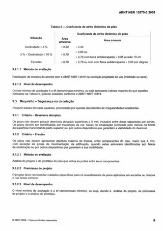 Cópia não autorizada

ABNT NBR 15575-3:2008

Tabela 5

- Coeficiente de atrito dinâmico do piso

1
Situação

1
I

Declividade I 3 %

1

3 % < Declividade I 10 %
Escadas
9.2.1.1

Coeficiente de atrito dinâmico do piso
~ i e a
privativa
> 0,40

> 0.70

1

> 0.70

- . .

-.

Área comum

> 0,40

> 0,85 ou
> 0,70 com faixa antiderrapante > 0,85 a cada 10 cm
> 0.70 ou com com faixa antiderrapante > 0.85 por degrau

1

Método de avaliação

Realização de ensaios de acordo com a ABNT NBR 13818 na condição projetada de uso (molhada ou seca).
9.2.1.2

Nível de desempenho

O nível minimo de aceitação é o M (denominado mínimo), ou seja apresenta índices maiores do que aqueles
indicados na Tabela 5, quando ensaiado conforme a ABNT NBR 13818.

9.3

-

Requisito Segurança na circulação

Prevenir lesões em seus usuários, provocadas por quedas decorrentes de irregularidades localizadas.
9.3.1

Critério

- Desníveis abruptos

Os pisos não devem possuir desníveis abruptos superiores a 5 mm, inclusive entre áreas separadas por portas.
0 s pisos devem ser identificados por mudanças de cor, faixas de sinalização (colocada pelo menos na borda
da superfície horizontal da parte superior) ou por outros dispositivos que garantam a visibilidade do desnível.
9.3.2

Critério

- Frestas

0 s pisos não devem apresentar abertura máxima de frestas, entre componentes do piso. maior que 4 mm,
com exceção de juntas de movimentação da edificação, quando estas estiverem identificadas por faixas
de sinalização ou por outros dispositivos que garantam a sua visibilidade.
9.3.2.1

Método de avaliação

Análise de projeto e de protótipo do piso que inclua as juntas entre seus componentes.
9.3.2.2

Premissas de projeto

O projeto deve recomendar cuidados especificas para os revestimentos de pisos aplicados em escadas ou rampas
e nas áreas comuns.
9.3.2.3

Nível de desempenho

O nível mínimo de aceitação 8 o M (denominado minimo), ou seja, atende a análise do projeto, as premissas
de projeto e a análise do protótipo.

-

O ABNT 2008 Todos os direitos reservados

 