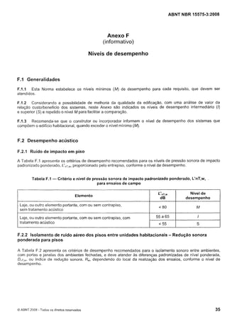 Cópia não autorizada

ABNT NBR 15575-3:2008

Anexo F
(informativo)
Níveis de desempenho

F.1 Generalidades
F.l.1 Esta Norma estabelece os níveis mínimos (M) de desempenho para cada requisito, que devem ser
atendidos.
F.1.2 Considerando a possibilidade de melhoria da qualidade da edificação, com uma análise de valor da
relação custo/benefício dos sistemas, neste Anexo são indicados os níveis de desempenho intermediário (I)
e superior (S) e repetido o nivel M para facilitar a comparação.
F.1.3 Recomenda-se que o construtor ou incorporador informem o nivel de desempenho dos sistemas que
compõem o edifício habitacional, quando exceder o nivel mínimo (M).

F.2 Desempenho acústico
F.2.1 Ruído de impacto em piso
A Tabela F.l apresenta os critérios de desempenho recomendados para os níveis de pressão sonora de impacto
padronizado ponderado, L',,-,,, proporcionado pelo entrepiso, conforme o nivel de desempenho.
Tabela F.l

- Critério e nível de pressão sonora de impacto padronizado ponderado, L'nT,w,
para ensaios de campo
Elemento

L'"T,~
dB

Nivel de
desempenho

Laje, ou outro elemento portante, com ou sem contrapiso,
sem tratamento acústico
Laje, ou outro elemento portante, com ou sem contrapiso, com
tratamento acústico

55 a 65

I

c 55

S

F.2.2 Isolamento de ruído aéreo dos pisos entre unidades habitacionais - Redução sonora
ponderada para pisos
A Tabela F.2 apresenta os critérios de desempenho recomendados para o isolamento sonoro entre ambientes,
com portas e janelas dos ambientes fechadas, e deve atender as diferenças padronizadas de nível ponderada,
D , , T , ~ , índice de redução sonora, R dependendo do local da realização dos ensaios, conforme o nível de
OU
,
,
desempenho.

O ABNT 2008 - Todos os direitos reservados

 