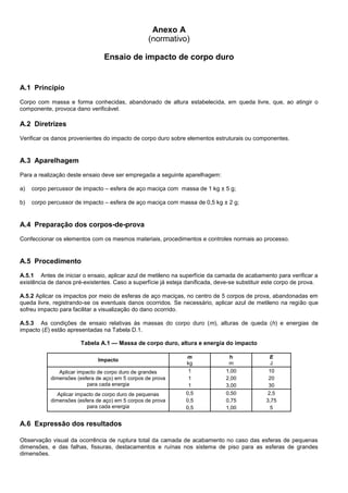 Anexo A
(normativo)
Ensaio de impacto de corpo duro
A.1 Princípio
Corpo com massa e forma conhecidas, abandonado de altura estabelecida, em queda livre, que, ao atingir o
componente, provoca dano verificável.
A.2 Diretrizes
Verificar os danos provenientes do impacto de corpo duro sobre elementos estruturais ou componentes.
A.3 Aparelhagem
Para a realização deste ensaio deve ser empregada a seguinte aparelhagem:
a) corpo percussor de impacto – esfera de aço maciça com massa de 1 kg ± 5 g;
b) corpo percussor de impacto – esfera de aço maciça com massa de 0,5 kg ± 2 g;
A.4 Preparação dos corpos-de-prova
Confeccionar os elementos com os mesmos materiais, procedimentos e controles normais ao processo.
A.5 Procedimento
A.5.1 Antes de iniciar o ensaio, aplicar azul de metileno na superfície da camada de acabamento para verificar a
existência de danos pré-existentes. Caso a superfície já esteja danificada, deve-se substituir este corpo de prova.
A.5.2 Aplicar os impactos por meio de esferas de aço maciças, no centro de 5 corpos de prova, abandonadas em
queda livre, registrando-se os eventuais danos ocorridos. Se necessário, aplicar azul de metileno na região que
sofreu impacto para facilitar a visualização do dano ocorrido.
A.5.3 As condições de ensaio relativas às massas do corpo duro (m), alturas de queda (h) e energias de
impacto (E) estão apresentadas na Tabela D.1.
Tabela A.1 — Massa de corpo duro, altura e energia do impacto
Impacto
m
kg
h
m
E
J
Aplicar impacto de corpo duro de grandes
dimensões (esfera de aço) em 5 corpos de prova
para cada energia
1
1
1
1,00
2,00
3,00
10
20
30
Aplicar impacto de corpo duro de pequenas
dimensões (esfera de aço) em 5 corpos de prova
para cada energia
0,5
0,5
0,5
0,50
0,75
1,00
2,5
3,75
5
A.6 Expressão dos resultados
Observação visual da ocorrência de ruptura total da camada de acabamento no caso das esferas de pequenas
dimensões, e das falhas, fissuras, destacamentos e ruínas nos sistema de piso para as esferas de grandes
dimensões.
 