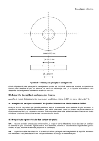 Dimensões em milímetros
máximo 205 mm
(26  0,5) mm
(25  0,5) mm
Figura B.1 — Discos para aplicação do carregamento
Outros dispositivos para aplicação do carregamento podem ser utilizados, desde que mantida a superfície de
contato com o sistema de piso por meio de um disco não deformável com (25  0,5) mm de diâmetro e uma
velocidade de carregamento semelhante à descrita em B.3.4.
B.3.3 Aparelho de medida de deslocamentos lineares
Aparelho de medida de deslocamentos lineares com sensibilidade mínima de 0,01 mm e erro máximo de 1 %.
B.3.4 Dispositivo para posicionamento do aparelho de medida de deslocamentos lineares
Qualquer tipo de dispositivo que permita posicionar vertical e firmemente, sob o sistema de piso suspenso, o
aparelho de medida de deslocamentos lineares para medir a flecha no centro do sistema de piso submetido ao
carregamento vertical com cargas concentradas. Este dispositivo deve estar apoiado em estrutura que não esteja
submetida a deformações provocadas pelo carregamento do ensaio.
B.4 Preparação e preservação dos corpos-de-prova
B.4.1 Quando o ensaio for realizado em laboratório, o corpo-de-prova utilizado no ensaio deve ser um protótipo
do sistema de piso construído, reproduzindo o mais fielmente possível as características especificadas para o
sistema de piso, incluindo materiais e processos de construção.
B.4.2 O protótipo deve ser construído já no local do ensaio, protegido de carregamentos e impactos e mantido
nas condições e pelo prazo especificado pelo proponente da tecnologia do sistema de piso.
 