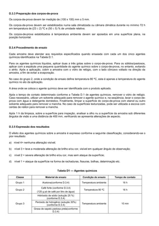 D.3.3 Preparação dos corpos-de-prova
Os corpos-de-prova devem ter medição de (100 x 100) mm ± 5 mm.
Os corpos-de-prova devem ser estabilizados numa sala climatizada ou câmara climática durante no mínimo 72 h
em temperatura de (23  2) ºC e (50  5) % de umidade relativa.
Os corpos-de-prova estabilizados à temperatura ambiente devem ser apoiados em uma superfície plana, na
posição horizontal.
D.3.4 Procedimento de ensaio
Cada amostra deve atender aos requisitos especificados quando ensaiada com cada um dos cinco agentes
químicos identificados na Tabela D.1.
Para os agentes químicos líquidos, aplicar duas a três gotas sobre o corpo-de-prova. Para os sólidos/pastosos,
aplicar com a espátula uma pequena quantidade do agente químico sobre o corpo-de-prova, no entanto, evitando
o atrito. Após a aplicação, cobrir a amostra com o vidro de relógio, com o lado côncavo voltado na direção da
amostra, a fim de evitar a evaporação.
No caso do grupo 2, onde a condição de ensaio define temperatura 80 ºC, esta é apenas a temperatura do agente
químico no ato da aplicação.
A área onde se coloca o agente químico deve ser identificada com o produto aplicado.
Após o tempo de contato determinado conforme a Tabela D.1 de agentes químicos, remover o vidro de relógio.
Caso necessário, utilizar um solvente adequado para remover o agente químico e, na seqüência, lavar o corpo-de-
prova com água e detergente doméstico. Finalmente, limpar a superfície do corpo-de-prova com etanol ou outro
solvente adequado para remover a mancha. No caso de superfícies texturizadas, pode ser utilizada a escova com
cerdas de náilon para remover a mancha.
Após 1 h da limpeza, sobre a superfície para inspeção, analisar a olho nu a superfície da amostra sob diferentes
ângulos de visão a uma distância de 400 mm, verificando se apresenta alterações de aspecto.
D.3.5 Expressão dos resultados
O efeito dos agentes químicos sobre a amostra é expresso conforme a seguinte classificação, considerando-se o
pior resultado:
a) nível 4= nenhuma alteração visível;
b) nível 3 = leve a moderada alteração de brilho e/ou cor, visível em qualquer ângulo de observação;
c) nível 2 = severa alteração de brilho e/ou cor, mas sem ataque da superfície;
d) nível 1 = ataque da superfície na forma de rachaduras, fissuras, bolhas, delaminação etc.
Tabela D1 — Agentes químicos
Classe Material de ensaio Condição do ensaio Tempo de contato
Grupo 1 Acetona(conforme D.3.4) Temperatura ambiente 16 h
Grupo 2
Café forte (conforme D.3.4)
(120 g pó de café por litro de água)
Temperatura 80 ºC 16 h
Grupo 3
Hidróxido de sódio (solução 25 %)
(conforme D.3.4)
Temperatura ambiente 10 min
Peróxido de hidrogênio (solução 30%)
(conforme D.3.4)
Graxa de sapato pastosa preta(conforme
D.3.4)
 
