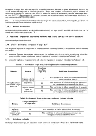 O impacto de corpo mole deve ser aplicado no centro geométrico da folha de porta, devidamente instalada no
SVVIE. Podem ser seguidas as diretrizes gerais da ABNT NBR 15930-2, considerando impacto somente no
sentido de fechamento da porta, no caso de SVVI, e tanto no sentido de fechamento como de abertura da porta,
no caso de SVVE. Na montagem da porta para o ensaio, as fechaduras devem ser instaladas de acordo com o
que prescreve a ABNT NBR 14913:2011.
NOTA O ensaio previsto neste item não substitui a avaliação das fechaduras de embutir, nem das portas, que devem ser
avaliadas de acordo com as respectivas normas técnicas..
7.6.1.2 Nível de desempenho
O nível mínimo para aceitação é o M (denominado mínimo), ou seja, quando ensaiado de acordo com 7.6.1.1
atende aos critérios mencionados em 7.6.1.
7.7 Requisito – Impacto de corpo duro incidente nos SVVIE, com ou sem função estrutural
Resistir aos impactos de corpo duro.
7.7.1 Critério – Resistência a impactos de corpo duro
Sob a ação de impactos de corpo duro, as paredes verticais externas (fachadas) e as vedações verticais internas
não devem:
a) apresentar fissuras, escamações, delaminações ou qualquer outro tipo de dano (impactos de utilização),
sendo admitidas mossas localizadas, para os impactos de corpo duro indicados nas Tabelas 7 e 8;
b) apresentar ruptura ou traspassamento sob ação dos impactos de corpo duro indicados nas Tabelas 7 e 8.
Tabela 7 — Impactos de corpo duro para vedações verticais externas (fachadas)
Sistema Impacto
Energia de
impacto de
corpo duro
J
Critério de desempenho
Vedação vertical
com ou sem função
estrutural
Impacto externo
(acesso externo
do público)
3,75
Não ocorrência de falhas inclusive no revestimento
(estado limite de serviço)
20
Não ocorrência de ruína, caracterizada por ruptura
ou transpassamento (estado limite último)
Impacto interno
(todos os
pavimentos)
2,5 Não ocorrência de falhas (estado limite de serviço)
10
Não ocorrência de ruína, caracterizada por ruptura
ou transpassamento (estado limite último)
Tabela 8 — Impactos de corpo duro para vedações verticais internas
Sistema
Energia de impacto
de corpo duro
J
Critério de desempenho
Vedação
vertical com
ou sem função
estrutural
2,5 Não ocorrência de falhas (estado limite de serviço)
10
Não ocorrência de ruína, caracterizada por ruptura ou
transpassamento (estado limite último)
7.7.1.1 Método de avaliação
Realização de ensaio de tipo, em laboratório ou em campo, de acordo com o Anexo B ou ABNT NBR 11675.
 