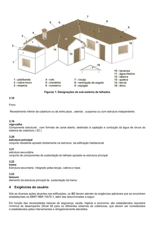 Figuras 1: Designações do sub-sistema de telhados
3.18
Forro
Revestimento inferior de cobertura ou de entre pisos , aderido , suspenso ou com estrutura independente .
3.19
viga-calha
Componente estrutural , com formato de canal aberto, destinado à captação e condução da água de chuva do
sistema de cobertura ( SC )
3.20
estrutura principal
conjunto resistente apoiado diretamente na estrutura da edificação habitacional
3.21
estrutura secundária
conjunto de componentes de sustentação do telhado apoiada na estrutura principal
3.22
trama
Estrutura secundaria integrado pelas terças, caibros e ripas
3.23
tesoura
elemento da estrutura principal de sustentação da trama.
4 Exigências do usuário
Sob as diversas ações atuantes nas edificações, os SC devem atender às exigências aplicáveis que se encontram
estabelecidas na ABNT NBR 15575-1, além das descriminadas a seguir.
Em função das necessidades básicas de segurança, saúde, higiene e economia, são estabelecidos requisitos
mínimos de desempenho (Nível M) para os diferentes sistemas de coberturas, que devem ser considerados
e estabelecidos pelos intervenientes e obrigatoriamente atendidos.
 