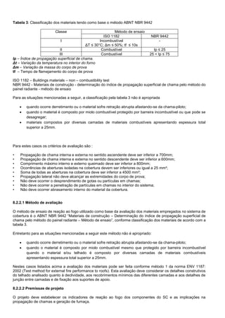 Tabela 3: Classificação dos materiais tendo como base o método ABNT NBR 9442
Classe Método de ensaio
ISO 1182 NBR 9442
I Incombustível
ΔT ≤ 30°C; Δm ≤ 50%; tf ≤ 10s
-
II Combustível Ip ≤ 25
III Combustível 25 < Ip ≤ 75
Ip – Índice de propagação superficial de chama.
Δt – Variação da temperatura no interior do forno
Δm – Variação da massa do corpo de prova
tf – Tempo de flamejamento do corpo de prova
ISO 1182 – Buildings materials – non – combustibility test
NBR 9442 - Materiais de construção - determinação do índice de propagação superficial de chama pelo método do
painel radiante - método de ensaio
Para as situações mencionadas a seguir, a classificação pela tabela 3 não é apropriada
 quando ocorre derretimento ou o material sofre retração abrupta afastando-se da chama-piloto;
 quando o material é composto por miolo combustível protegido por barreira incombustível ou que pode se
desagregar;
 materiais compostos por diversas camadas de materiais combustíveis apresentando espessura total
superior a 25mm.
Para estes casos os critérios de avaliação são :
• Propagação de chama interna e externa no sentido ascendente deve ser inferior a 700mm;
• Propagação de chama interna e externa no sentido descendente deve ser inferior a 600mm;
• Comprimento máximo interno e externo queimado deve ser inferior a 800mm;
• Ocorrências de aberturas isoladas na cobertura devem ser inferiores ou igual a 25 mm²;
• Soma de todas as aberturas na cobertura deve ser inferior a 4500 mm²;
• Propagação lateral não deve alcançar as extremidades do corpo de prova;
• Não deve ocorrer o desprendimento de gotas ou partículas em chamas;
• Não deve ocorrer a penetração de partículas em chamas no interior do sistema;
• Não deve ocorrer abrasamento interno do material da cobertura.
8.2.2.1 Método de avaliação
O método de ensaio de reação ao fogo utilizado como base da avaliação dos materiais empregados no sistema de
cobertura é o ABNT NBR 9442 “Materiais de construção – Determinação do índice de propagação superficial de
chama pelo método do painel radiante – Método de ensaio”, conforme classificação dos materiais de acordo com a
tabela 3.
Entretanto para as situações mencionadas a seguir este método não é apropriado:
 quando ocorre derretimento ou o material sofre retração abrupta afastando-se da chama-piloto;
 quando o material é composto por miolo combustível mesmo que protegido por barreira incombustível
quando o material e/ou telhado é composto por diversas camadas de materiais combustíveis
apresentando espessura total superior a 25mm.
Nestes casos listados acima a avaliação dos materiais pode ser feita conforme método 1 da norma ENV 1187:
2002 (Test method for external fire performance to roofs). Esta avaliação deve considerar os detalhes construtivos
do telhado analisado quanto à declividade, aos recobrimentos mínimos das diferentes camadas e aos detalhes de
junção entre camadas e de fixação aos suportes de apoio.
8.2.2.2 Premissas de projeto
O projeto deve estabelecer os indicadores de reação ao fogo dos componentes do SC e as implicações na
propagação de chamas e geração de fumaça.
 
