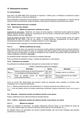 12 Desempenho acústico
12.1 Generalidades
Esta parte 5 da ABNT-NBR-15575 apresenta os requisitos e critérios para a verificação do isolamento acústico
entre o meio externo e o interno de coberturas.
São considerados o isolamento de sons aéreos do conjunto fachada/cobertura de edificações e o nível de ruído de
impacto no piso (caminhamento, queda de objetos e outros) para as coberturas acessíveis de uso coletivo.
12.2 Métodos disponíveis para a avaliação
12.2.1 Descrição dos métodos
12.2.1.1 Método de engenharia, realizado em campo
Isolamento de ruído aéreo : Determina, em campo, de forma rigorosa, o isolamento acústico global da vedação
externa (conjunto fachada e cobertura), caracterizando de forma direta o comportamento acústico do sistema. O
método é descrito na norma ISO 140-5.
Ruído de impacto em pisos: Determina, em campo, de forma rigorosa, o nível de pressão sonora de impacto
padronizado do piso entre a laje de uso coletivo e unidade autônoma, caracterizando de forma direta o
comportamento acústico do sistema. O método é descrito na norma ISO 140-7.
Os resultados obtidos restringem-se somente às medições efetuadas.
12.2.1.2 Método simplificado de campo
Este método permite obter uma estimativa do isolamento acústico global da vedação externa (conjunto fachada e
cobertura) e do ruído de impacto em pisos, em situações onde não se dispõe de instrumentação necessária para
medir o tempo de reverberação, ou quando as condições de ruído ambiente não permitem obter este parâmetro. O
método simplificado é descrito na ISO 10052.
Os resultados obtidos restringem-se somente às medições efetuadas.
Entre os métodos de medição de campo, o método de engenharia é o mais preciso.
12.2.2 Parâmetros de avaliação
Os parâmetros de avaliação adotados nesta parte da norma constam da Tabela 4.
Tabela 4: Parâmetros acústicos de avaliação
Símbolo Descrição Norma Aplicação
D2m,nT,w
Diferença Padronizada de Nível Ponderada a
2 m de distância da fachada/cobertura
ISO 140-5
ISO 717-1
Vedação externa, em edifícios
L’nT,w
Nível de pressão sonora de impacto
padronizado ponderado
ISO 140-7
ISO 717-2
Pisos e coberturas de uso coletivo,
em edifícios
Como as normas ISO referenciadas não possuem versão em português, foram mantidos os símbolos nelas
consignados com os seguintes significados:
D2m,nT,w - diferença padronizada de nível ponderada a 2 m (weighted standardized level difference at 2 m).
L’nT,w - nível de pressão sonora de impacto padronizado ponderado (weighted standardized impact sound pressure
level).
12.3 Requisito – Isolamento acústico da cobertura devido a sons aéreos
Avaliar o isolamento de som aéreo de.fontes de emissão externas
12.3.1 Critério – Isolamento acústico da cobertura devido a sons aéreos, em campo
12.3.1.1 Método de avaliação
Devem ser avaliados os dormitórios da unidade habitacional. Deve-se utilizar um dos métodos de campo de
12.2.1 para a determinação dos valores da diferença padronizada de nível ponderada, D2m,nT,w.
As medições devem ser executadas com portas e janelas fechadas, tais como foram entregues pela empresa
construtora ou incorporadora.
 