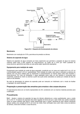 Figura D.2 – Esquema de funcionamento da câmara
Manômetro
Manômetro com resolução de 10 Pa, para leitura de pressão na câmara.
Sistema de aspersão de água
Sistema de aspersão de água composto por bicos aspersores que permitam a projeção de água de maneira
uniforme sobre toda a face superior do corpo-de-prova, na vazão de 4 L/min por metro quadrado do
corpo-de-prova, garantindo que todas as suas partes sejam igualmente aspergidas.
Equipamento para medição de vazão
Equipamento para medição de vazão de água aspergida, constituído por um caixa com seção de 61 cm x 61 cm
e profundidade superior a 30 cm, quadrialveolar. Para medição da vazão, esta caixa é colocada na abertura da
câmara com sua boca voltada para os aspersores e posicionamento no mesmo plano onde será montado o
corpo-de-prova. Por meio de tubulações, a água aspergida sobre cada um dos alvéolos é conduzida para
recipientes, podendo-se medir os volumes a partir dos quais serão calculadas as vazões por unidade de área de
cada um dos alvéolos.
Na rede de alimentação do sistema de aspersão pode ser colocado um hidrômetro com o intuito de facilitar
a regulagem da vazão desejada.
Preparação e preservação das amostras para ensaios e dos corpos-de-prova
O corpo-de-prova deve ser um trecho representativo do SC, constituído com os mesmos materiais previstos para
a edificação.
Procedimento
D.4.1 Ajustar o sistema de aspersão de água da câmara utilizando-se a caixa quadrialveolar, para a vazão
de 4 L/min m
2
. O sistema de aspersão deve estar regulado de forma tal que o valor médio das vazões incidentes
sobre os quatro alvéolos seja igual à vazão especificada para o ensaio, admitindo-se para valores individuais
dessas vazões uma variação de 20 % em torno da média. Esta verificação deve cobrir toda a área da abertura
da câmara, onde será montado o corpo-de-prova.
 