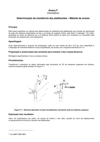 Anexo F
(normativo)
Determinação da resistência das platibandas – Método de ensaio
Princípio
Este Anexo especifica um método para determinação da resistência das platibandas que consiste em reprodução
da ação dos esforços despertados no topo e ao longo de qualquer trecho, pela força F majorada
1)
(do cabo),
associada ao braço de alavanca (b) e à distância entre pontos de apoio (a), fornecidos ou informados pelo
fornecedor do equipamento e dos dispositivos.
Aparelhagem
Duas mãos-francesas e conjunto de contrapesos, cada um com massa de (50 ± 0,2) kg, com capacidade d
e aplicação de momentos fletores no topo da platibanda, de acordo com o esquema fornecido em F.4.
Preparação e preservação das amostras para ensaios e dos corpos-de-prova
Montagens experimentais in loco ou ensaios de tipo.
Procedimentos
Transformar e reproduzir os dados informados pelo fornecedor do SC de andaimes suspensos em binários,
conforme esquema geral indicado na Figura F.1
Figura F.1 – Binários aplicados no topo da platibanda, simulando ação de andaime suspenso
Expressão dos resultados
Valor, em quilonewtons por metro, de ruptura do binário e seu valor, quando do início de deslocamento
ou aparecimento de trincas ou fissuras nas platibandas.
1)
Ver ABNT NBR 8681.
 
