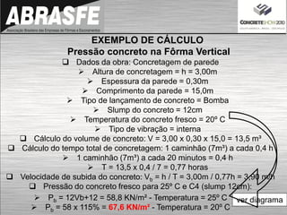  Dados da obra: Concretagem de parede
 Altura de concretagem = h = 3,00m
 Espessura da parede = 0,30m
 Comprimento da parede = 15,0m
 Tipo de lançamento de concreto = Bomba
 Slump do concreto = 12cm
 Temperatura do concreto fresco = 20º C
 Tipo de vibração = interna
 Cálculo do volume de concreto: V = 3,00 x 0,30 x 15,0 = 13,5 m³
 Cálculo do tempo total de concretagem: 1 caminhão (7m³) a cada 0,4 h
 1 caminhão (7m³) a cada 20 minutos = 0,4 h
 T = 13,5 x 0,4 / 7 = 0,77 horas
 Velocidade de subida do concreto: Vb = h / T = 3,00m / 0,77h = 3,90 m/h
 Pressão do concreto fresco para 25º C e C4 (slump 12cm):
ver diagrama Pb = 12Vb+12 = 58,8 KN/m² - Temperatura = 25º C
 Pb = 58 x 115% = 67,6 KN/m² - Temperatura = 20º C
EXEMPLO DE CÁLCULO
Pressão concreto na Fôrma Vertical
 