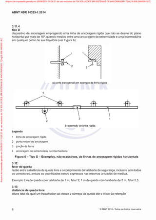 3.11.4	
tipo D
dispositivo de ancoragem empregando uma linha de ancoragem rígida que não se desvie do plano
horizontal por mais de 15º, quando medido entre uma ancoragem de extremidade e uma intermediária
em qualquer ponto de sua trajetória (ver Figura 6)
1
2
1
2
4
a) corte transversal em exemplo de linha rígida
b) exemplo de linha rígida
2
3 1
Legenda
1	 linha de ancoragem rígida
2	 ponto móvel de ancoragem
3	 junção de linha
4	 ancoragem de extremidade ou intermediária
Figura 6 – Tipo D – Exemplos, não exaustivos, de linhas de ancoragem rígidas horizontais
3.12	
fator de queda
razão entre a distância de queda livre e o comprimento do talabarte de segurança, inclusive com todos
os conectores, ambas as quantidades sendo expressas nas mesmas unidades de medida.
Exemplo 2 m de queda com talabarte de 1 m, fator 2; 1 m de queda com talabarte de 2 m, fator 0,5.
3.13	
distância de queda livre
altura total da qual um trabalhador cai desde o começo da queda até o início da retenção
6
ABNT NBR 16325-1:2014
© ABNT 2014 - Todos os direitos reservados
Exemplarparausoexclusivo-TARGETEDITORAGRÁFICALTDA-07.907.402/0001-13(Pedido508770Impresso:05/12/2014)
Arquivodeimpressãogeradoem29/08/201519:28:31deusoexclusivodeFIXSOLUCOESEMSISTEMASDEANCORAGEMLTDA[18.956.349/0001-67] Arquivo de impressão gerado em 29/08/2015 19:28:31 de uso exclusivo de FIX SOLUCOES EM SISTEMAS DE ANCORAGEM LTDA [18.956.349/0001-67]
 