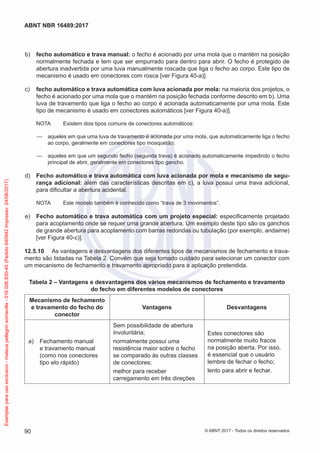  b)	 fecho automático e trava manual: o fecho é acionado por uma mola que o mantém na posição
normalmente fechada e tem que ser empurrado para dentro para abrir. O fecho é protegido de
abertura inadvertida por uma luva manualmente roscada que liga o fecho ao corpo. Este tipo de
mecanismo é usado em conectores com rosca [ver Figura 40-a)].
 c)	 fecho automático e trava automática com luva acionada por mola: na maioria dos projetos, o
fecho é acionado por uma mola que o mantém na posição fechada conforme descrito em b). Uma
luva de travamento que liga o fecho ao corpo é acionada automaticamente por uma mola. Este
tipo de mecanismo é usado em conectores automáticos [ver Figura 40-a)].
NOTA	 Existem dois tipos comuns de conectores automáticos:
—— aqueles em que uma luva de travamento é acionada por uma mola, que automaticamente liga o fecho
ao corpo, geralmente em conectores tipo mosquetão;
—— aqueles em que um segundo fecho (segunda trava) é acionado automaticamente impedindo o fecho
principal de abrir, geralmente em conectores tipo gancho.
 d)	 Fecho automático e trava automática com luva acionada por mola e mecanismo de segu-
rança adicional: além das características descritas em c), a luva possui uma trava adicional,
para dificultar a abertura acidental.
NOTA	 Este modelo também é conhecido como “trava de 3 movimentos”.
 e)	 Fecho automático e trava automática com um projeto especial: especificamente projetado
para acoplamento onde se requer uma grande abertura. Um exemplo deste tipo são os ganchos
de grande abertura para acoplamento com barras redondas ou tubulação (por exemplo, andaime)
[ver Figura 40-c)].
12.5.10	 As vantagens e desvantagens dos diferentes tipos de mecanismos de fechamento e trava-
mento são listadas na Tabela 2. Convém que seja tomado cuidado para selecionar um conector com
um mecanismo de fechamento e travamento apropriado para a aplicação pretendida.
Tabela 2 – Vantagens e desvantagens dos vários mecanismos de fechamento e travamento
do fecho em diferentes modelos de conectores
Mecanismo de fechamento
e travamento do fecho do
conector
Vantagens Desvantagens
 a)	 Fechamento manual
e travamento manual
(como nos conectores
tipo elo rápido)
Sem possibilidade de abertura
involuntária;
normalmente possui uma
resistência maior sobre o fecho
se comparado às outras classes
de conectores;
melhor para receber
carregamento em três direções
Estes conectores são
normalmente muito fracos
na posição aberta. Por isso,
é essencial que o usuário
lembre de fechar o fecho;
lento para abrir e fechar.
90
ABNT NBR 16489:2017
© ABNT 2017 - Todos os direitos reservados
Exemplarparausoexclusivo-mateuspellegrinsomavilla-016.006.830-45(Pedido640942Impresso:24/08/2017)
 