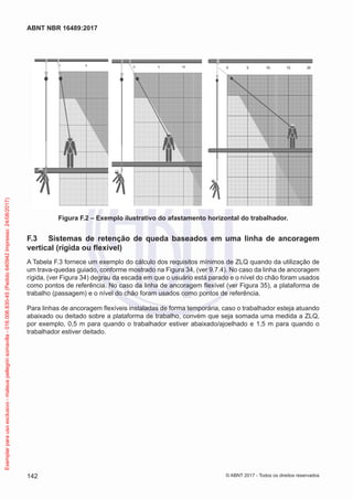Figura F.2 – Exemplo ilustrativo do afastamento horizontal do trabalhador.
F.3	 Sistemas de retenção de queda baseados em uma linha de ancoragem
vertical (rígida ou flexível)
A Tabela F.3 fornece um exemplo do cálculo dos requisitos mínimos de ZLQ quando da utilização de
um trava-quedas guiado, conforme mostrado na Figura 34, (ver 9.7.4). No caso da linha de ancoragem
rígida, (ver Figura 34) degrau da escada em que o usuário está parado e o nível do chão foram usados
como pontos de referência. No caso da linha de ancoragem flexível (ver Figura 35), a plataforma de
trabalho (passagem) e o nível do chão foram usados como pontos de referência.
Para linhas de ancoragem flexíveis instaladas de forma temporária, caso o trabalhador esteja atuando
abaixado ou deitado sobre a plataforma de trabalho, convém que seja somada uma medida a ZLQ,
por exemplo, 0,5 m para quando o trabalhador estiver abaixado/ajoelhado e 1,5 m para quando o
trabalhador estiver deitado.
142
ABNT NBR 16489:2017
© ABNT 2017 - Todos os direitos reservados
Exemplarparausoexclusivo-mateuspellegrinsomavilla-016.006.830-45(Pedido640942Impresso:24/08/2017)
 