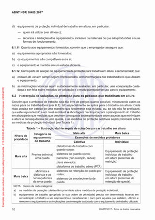  d)	 equipamento de proteção individual de trabalho em altura, em particular:
—— quem irá utilizar (ver alínea c);
—— recursos e limitações dos equipamentos, inclusive os materiais de que são produzidos e suas
formas de funcionamento.
6.1.11	 Quanto aos equipamentos fornecidos, convém que o empregador assegure que:
 a)	 equipamentos apropriados são fornecidos;
 b)	 os equipamentos são compatíveis entre si;
 c)	 o equipamento é mantido em um estado eficiente.
6.1.12	 Como parte da seleção de equipamento de proteção para trabalho em altura, é recomendado que:
 a)	 ensaios de uso em campo sejam empreendidos, com informações dos trabalhadores que utilizam
o equipamento;
 b)	 as informações técnicas sejam cuidadosamente avaliadas; em particular, uma comparação cuida-
dosa a ser feita sobre métodos de validação e o modo planejado de uso para o equipamento.
6.2	 Hierarquia de soluções de proteção para as pessoas que trabalham em altura
Convém que o ambiente de trabalho seja tão livre de perigos quanto possível, minimizando assim os
riscos para os trabalhadores (ver 6.1). Isto especialmente se aplica para o trabalho em altura. Cada
risco precisa ser tratado de uma maneira que idealmente seja evitado, ou, se isto não for praticável,
que este seja reduzido a um nível aceitável. A abordagem hierárquica para o planejamento do trabalho
em altura pede que medidas que previnem uma queda sejam prioridade sobre aquelas que minimizam
a altura e consequências de uma queda, e as medidas de proteção coletivas sejam prioridade sobre
as medidas de proteção individual (ver Tabela 1).
Tabela 1 – Ilustração da hierarquia de soluções para o trabalho em altura
Níveis de
prioridade
Categoria de
equipamento
do trabalho
Mais alta Mais baixa
Exemplos de medidas protetoras
Coletiva Individual
Mais alta
Previne (elimina)
uma queda
plataformas de trabalho com
guarda-corpo;
sistemas de guarda-corpo;
barreiras (por exemplo, redes);
pisos elevados;
plataforma de trabalho aéreo (PTA)
Equipamento de proteção
individual de trabalho
em altura (sistemas de
restrição)
Mais baixa
Minimiza a
distância e as
consequências
de uma queda
sistemas de retenção de queda por
redes;
sistemas de amortecimento de
queda.
Equipamento de proteção
individual de trabalho
em altura (sistemas de
retenção de queda).
NOTA	 Dentro de cada categoria:
 a)	 as medidas de proteção coletiva têm prioridade sobre medidas de proteção individual;
 b)	 equipamento de trabalho apropriado (e sua ordem de prioridade) precisa ser determinado levando em
consideração o trabalho a ser empreendido e considerando o risco para aqueles que instalam, utilizam e
removem o equipamento e as implicações para o resgate associado com o equipamento do trabalho utilizado.
10
ABNT NBR 16489:2017
© ABNT 2017 - Todos os direitos reservados
Exemplarparausoexclusivo-mateuspellegrinsomavilla-016.006.830-45(Pedido640942Impresso:24/08/2017)
 