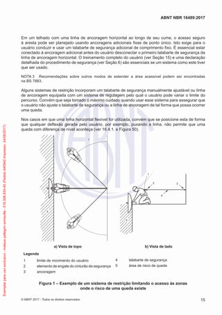 Em um telhado com uma linha de ancoragem horizontal ao longo de seu cume, o acesso seguro
à aresta pode ser planejado usando ancoragens adicionais fixas de ponto único. Isto exige para o
usuário conduzir e usar um talabarte de segurança adicional de comprimento fixo. É essencial estar
conectado à ancoragem adicional antes do usuário desconectar o primeiro talabarte de segurança da
linha de ancoragem horizontal. O treinamento completo do usuário (ver Seção 15) e uma declaração
detalhada do procedimento de segurança (ver Seção 6) são essenciais se um sistema como este tiver
que ser usado.
NOTA 3	 Recomendações sobre outros modos de estender a área acessível podem ser encontradas
na BS 7883.
Alguns sistemas de restrição incorporam um talabarte de segurança manualmente ajustável ou linha
de ancoragem equipada com um sistema de regulagem pelo qual o usuário pode variar o limite do
percurso. Convém que seja tomado o máximo cuidado quando usar esse sistema para assegurar que
o usuário não ajuste o talabarte de segurança ou a linha de ancoragem de tal forma que possa ocorrer
uma queda.
Nos casos em que uma linha horizontal flexível for utilizada, convém que se posicione esta de forma
que qualquer deflexão gerada pelo usuário, por exemplo, puxando a linha, não permite que uma
queda com diferença de nível aconteça (ver 16.4.1. e Figura 50).
3
4
2
1
1
5
5
a) Vista de topo b) Vista de lado
Legenda
1	 limite de movimento do usuário
2	 elemento de engate do cinturão de segurança
3	ancoragem
4	 talabarte de segurança
5	 área de risco de queda
Figura 1 – Exemplo de um sistema de restrição limitando o acesso às zonas
onde o risco de uma queda existe
15
ABNT NBR 16489:2017
© ABNT 2017 - Todos os direitos reservados
Exemplarparausoexclusivo-mateuspellegrinsomavilla-016.006.830-45(Pedido640942Impresso:24/08/2017)
 