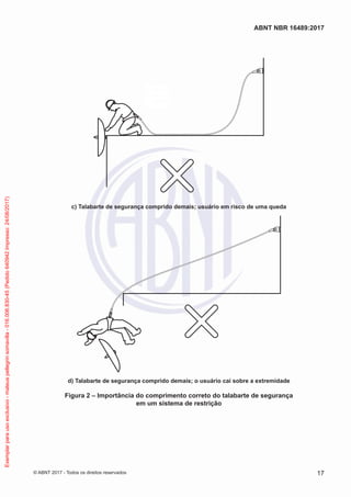 c) Talabarte de segurança comprido demais; usuário em risco de uma queda
d) Talabarte de segurança comprido demais; o usuário cai sobre a extremidade
Figura 2 – Importância do comprimento correto do talabarte de segurança
em um sistema de restrição
17
ABNT NBR 16489:2017
© ABNT 2017 - Todos os direitos reservados
Exemplarparausoexclusivo-mateuspellegrinsomavilla-016.006.830-45(Pedido640942Impresso:24/08/2017)
 