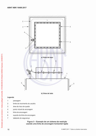 2
3
6
5
4
7
1
a) Vista de topo
1
6
7
33
5
b) Vista de lado
Legenda
1	passagem
2	 limite de movimento do usuário
3	 área de risco de queda
4	 ponto móvel de ancoragem
5	 linha de ancoragem
6	 suporte da linha de ancoragem
7	 talabarte de segurança
Figura 3 – Exemplo de um sistema de restrição
usando uma linha de ancoragem horizontal rígida
18
ABNT NBR 16489:2017
© ABNT 2017 - Todos os direitos reservados
Exemplarparausoexclusivo-mateuspellegrinsomavilla-016.006.830-45(Pedido640942Impresso:24/08/2017)
 