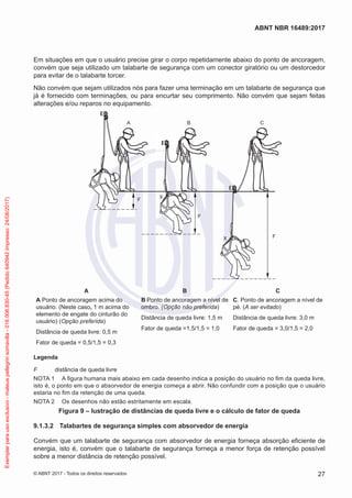Em situações em que o usuário precise girar o corpo repetidamente abaixo do ponto de ancoragem,
convém que seja utilizado um talabarte de segurança com um conector giratório ou um destorcedor
para evitar de o talabarte torcer.
Não convém que sejam utilizados nós para fazer uma terminação em um talabarte de segurança que
já é fornecido com terminações, ou para encurtar seu comprimento. Não convém que sejam feitas
alterações e/ou reparos no equipamento.
F
CBA
F
F
X
X
X
A B C
A Ponto de ancoragem acima do
usuário. (Neste caso, 1 m acima do
elemento de engate do cinturão do
usuário) (Opção preferida)
Distância de queda livre: 0,5 m
Fator de queda = 0,5/1,5 = 0,3
B Ponto de ancoragem a nível de
ombro. (Opção não preferida)
Distância de queda livre: 1,5 m
Fator de queda =1,5/1,5 = 1,0
C. Ponto de ancoragem a nível de
pé. (A ser evitado)
Distância de queda livre: 3,0 m
Fator de queda = 3,0/1,5 = 2,0
Legenda
F	 distância de queda livre
NOTA 1	 A figura humana mais abaixo em cada desenho indica a posição do usuário no fim da queda livre,
isto é, o ponto em que o absorvedor de energia começa a abrir. Não confundir com a posição que o usuário
estaria no fim da retenção de uma queda.
NOTA 2	 Os desenhos não estão estritamente em escala.
Figura 9 – lustração de distâncias de queda livre e o cálculo de fator de queda
9.1.3.2	 Talabartes de segurança simples com absorvedor de energia
Convém que um talabarte de segurança com absorvedor de energia forneça absorção eficiente de
energia, isto é, convém que o talabarte de segurança forneça a menor força de retenção possível
sobre a menor distância de retenção possível.
27
ABNT NBR 16489:2017
© ABNT 2017 - Todos os direitos reservados
Exemplarparausoexclusivo-mateuspellegrinsomavilla-016.006.830-45(Pedido640942Impresso:24/08/2017)
 