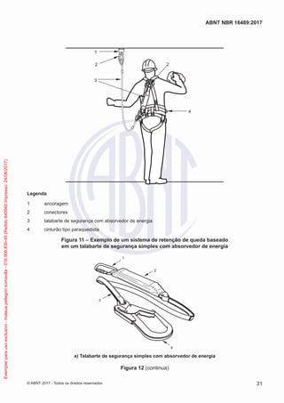 2
1
3
2
4
Legenda
1	ancoragem
2	conectores
3	 talabarte de segurança com absorvedor de energia
4	 cinturão tipo paraquedista
Figura 11 – Exemplo de um sistema de retenção de queda baseado
em um talabarte de segurança simples com absorvedor de energia
2
3
4
1
a) Talabarte de segurança simples com absorvedor de energia
Figura 12 (continua)
31
ABNT NBR 16489:2017
© ABNT 2017 - Todos os direitos reservados
Exemplarparausoexclusivo-mateuspellegrinsomavilla-016.006.830-45(Pedido640942Impresso:24/08/2017)
 