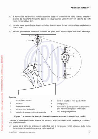  b)	 a maioria dos trava-quedas retráteis somente pode ser usada em um plano vertical, embora o
alcance de movimento horizontal possa ser viável quando utilizado com um sistema de perfil
rígido horizontal (ver 9.5).
 c)	 convém que a possibilidade de uso em linhas de ancoragem flexível horizontal seja validada com
o fabricante.
 d)	 seu uso geralmente é limitado às situações em que o ponto de ancoragem está acima da cabeça.
1 2
3
7
8
4
5
2
9
4
6
Legenda
1	 ponto de ancoragem
2	conector
3	 trava-queda retrátil
4	 conector com destorcedor
5	 cinturão de segurança tipo paraquedista
6	 ponto de fixação do trava-queda retrátil
7	 carcaça (caixa)
8	 indicador de queda (existem outras formas
para indicar a retenção de uma queda)
9	 linha de segurança retrátil
Figura 17 – Sistema de retenção de queda baseado em um trava-queda tipo retrátil
Também, o trava-queda retrátil tem que ser instalado acima da cabeça antes de começar o trabalho.
Isto pode demandar:
 a)	 subida até o ponto de ancoragem pretendido com o trava-queda retrátil utilizando outra forma
de proteção de queda (permanente ou temporária);
37
ABNT NBR 16489:2017
© ABNT 2017 - Todos os direitos reservados
Exemplarparausoexclusivo-mateuspellegrinsomavilla-016.006.830-45(Pedido640942Impresso:24/08/2017)
 