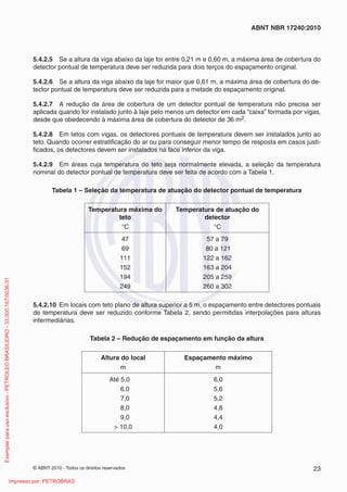 © ABNT 2010 - Todos os direitos reservados 23
ABNT NBR 17240:2010
5.4.2.5 Se a altura da viga abaixo da laje for entre 0,21 m e 0,60 m, a máxima área de cobertura do
detector pontual de temperatura deve ser reduzida para dois terços do espaçamento original.
5.4.2.6 Se a altura da viga abaixo da laje for maior que 0,61 m, a máxima área de cobertura do de-
tector pontual de temperatura deve ser reduzida para a metade do espaçamento original.
5.4.2.7 A redução da área de cobertura de um detector pontual de temperatura não precisa ser
aplicada quando for instalado junto à laje pelo menos um detector em cada “caixa” formada por vigas,
desde que obedecendo à máxima área de cobertura do detector de 36 m2.
5.4.2.8 Em tetos com vigas, os detectores pontuais de temperatura devem ser instalados junto ao
teto. Quando ocorrer estratificação do ar ou para conseguir menor tempo de resposta em casos justi-
ficados, os detectores devem ser instalados na face inferior da viga.
5.4.2.9 Em áreas cuja temperatura do teto seja normalmente elevada, a seleção da temperatura
nominal do detector pontual de temperatura deve ser feita de acordo com a Tabela 1.
Tabela 1 – Seleção da temperatura de atuação do detector pontual de temperatura
Temperatura máxima do
teto
°C
Temperatura de atuação do
detector
°C
47
69
111
152
194
249
57 a 79
80 a 121
122 a 162
163 a 204
205 a 259
260 a 302
5.4.2.10 Em locais com teto plano de altura superior a 5 m, o espaçamento entre detectores pontuais
de temperatura deve ser reduzido conforme Tabela 2, sendo permitidas interpolações para alturas
intermediárias.
Tabela 2 – Redução de espaçamento em função da altura
Altura do local
m
Espaçamento máximo
m
Até 5,0
6,0
7,0
8,0
9,0
> 10,0
6,0
5,6
5,2
4,8
4,4
4,0
Exemplar
para
uso
exclusivo
-
PETROLEO
BRASILEIRO
-
33.000.167/0036-31
Impresso por: PETROBRAS
 