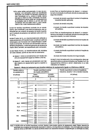 Cópia não autorizada

11

NBR5356i1993

&,.B.s Pam OS transfonadcres
tamento da isola~c
B verificado
seguintes
ensaics:

da classe I, c ccmporatraves da execu@Gc dcs

a) ensaio de tensac
Industrial
(tens50

suportavel
aplloada);

b) ensaio

induzida;

c) ensaio de tens&c
atmcsfedcc.

~1.66 As tens6es
suportsveis
ncminais
de urn enrclamento, que ccnstituem
o seu nhrel de isolamento.
sac veriflcadas per urn con)unto de ensaios de ten&o supcrtavel. 0 ccnjunto
de ensaics a ser aplicado varia corn 0 valor de U,,,.

b) ensaic de tens%
atmosf&loo:

Tens&c maxima
do equlpamentc

ten&es

PIeno
kV fcrista)

kV (eficaz)

2

1

36.2 <
72.5
/

150
150
170
200
350
360

durap6o.

eqUipatIIent0

igUaiS

ou

1 Tens50 suport&vel
industrial,
durante

Cc&do
kV (crista)
3

inferbes

a 242 kV

nominal
a freq6Bncla
1 min e tens&c induzids
kv (eficez)
4

365
416

140
150

495
495
605
715
825
935
1045

165
165
230
275
325
360
395

/
450
<
/
<
-

ma:

de longa

a freqO&oia

125

-450

242

nominal

de lmpulso

/
-

145

de tens&c

nominal

4
10

/

92.4

induzida

do

mhimas

0,6
1.2

24,2

de impulse

6.1.8.8 0 nlvel de lsolamento
dos enrclamentcs
deve ser
escclhido
entre OS valoras indicados
“as Tabelas 2 e 3. OS
espapamentcs
mlnimos
a serern obsewados
no ar s50
lndicados
na Tabela 4.

Tens50 supcrtavel
nominal
de imp&o
atnmafMc0

I

supcrtsvel

d) ensaic

b) classe II - pelo menca urn enrolamento
corn tensac maxima
do equipamentc
igual w supericr a
362 kv.
para

suportavel

c) ensalo de tensHo
industrial;

a) classe I - tcdos cs enrclamentcs
corn tens&c maxima do equipamento
igual w inferior a 242 kV

de isolamento

nominal

a) ensaiodetens~csupwtavelnominaldeimpulsode
manobra;

&1.&e Nesta Norma,
cs transfwmadores
sHo diiididos
em duas classes. quanta 80 seu nlvel de Isolamentc:

2 - Niveis

supcrtavel

a freq66noia

e.1.6.7 Pam 0s transformadores
da classe II, c oompcrtamentc
da lsolapao B verificado
atrav4s da exec@o
dcs
seguintes
ensaics. “a ordem indlcada:

6.f.e.4 0 valor de U, e c nlvel da lsolamento
atribuldo
a
cada enrclamentc
do transfcrmador
ccnstituem
parte da
l”fomn@o
a ser fornecida ccm a eapecificao5o
e confirmada na prcposta.
Se houver urn enmlamento
corn isclanwnto progressive,
c nfvel de isolamentc
do terminal de
neutro deve, tambArn, ser especifiido
pelo ccntprador.

~&eta

de tens&c

nominal

550
650
750
850
950

A as&ha entre as tens&s $uPcrtawis nomir&.
ligadas a dada ten&c maxima do equipamentc
deeta Tabela, depende ds
$w&J$d$
das ccndii
de scbr$t$“saO esperadas no siatema, $ da importancia de i”$t$l$@.
Uma crte”te+
p$r$$ esc&$
p&e ser cbtida na NBR 6939. OS valoreD eacclh!doe &em
sw clammente indiczdcs na espec&a@c
cu ecllclte#c
de ofMa,

 