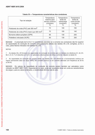 ABNT NBR 5410:2004

Exemplar para uso exclusivo - CONNECTCOM TELEINFORMATICA COMERCIO E SERVICOS LTDA - 00.308.141/0002-57 (Pedido 208272 Impresso: 22/01/2010)

Tabela 35 — Temperaturas características dos condutores
Temperatura
máxima para
serviço contínuo
(condutor)
o
C

Temperatura
limite de
sobrecarga
(condutor)
o
C

Temperatura
limite de
curto-circuito
(condutor)
o
C

Policloreto de vinila (PVC) até 300 mm2

70

100

160

Policloreto de vinila (PVC) maior que 300 mm2

70

100

140

Borracha etileno-propileno (EPR)

90

130

250

Polietileno reticulado (XLPE)

90

130

250

Tipo de isolação

6.2.5.2.2
A prescrição de 6.2.5.2.1 é considerada atendida se a corrente nos condutores não for superior
às capacidades de condução de corrente adequadamente obtidas das tabelas 36 a 39, corrigidas, se for o
caso, pelos fatores indicados nas tabelas 40 a 45.
NOTAS
1
As tabelas 36 a 39 fornecem as capacidades de condução de corrente para os métodos de referência A1, A2, B1,
B2, C, D, E, F e G descritos em 6.2.5.1.2, aplicáveis a diversos tipos de linhas, conforme indicado na tabela 33.
2
As capacidades de condução de corrente dadas nas tabelas 36 a 39 referem-se a funcionamento contínuo em
regime permanente (fator de carga 100%), em corrente contínua ou em corrente alternada com freqüência de 50 Hz
ou 60 Hz.

6.2.5.2.3
Os valores de capacidade de condução de corrente podem também ser calculados como
indicado na ABNT NBR 11301. Dependendo do caso, pode ser necessário levar em conta as características
da carga e, para os cabos enterrados, a resistividade térmica real do solo.

100

© ABNT 2004

Todos os direitos reservados

 