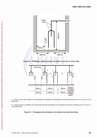 Exemplar para uso exclusivo - CONNECTCOM TELEINFORMATICA COMERCIO E SERVICOS LTDA - 00.308.141/0002-57 (Pedido 208272 Impresso: 22/01/2010)

ABNT NBR 5410:2004

Figura 8 — Passagens sem proteção com partes vivas de um único lado

1) Caso em que todo trabalho de manutenção é precedido da colocação de barreiras protetoras (ver 2.1-a) e 2.1-c) da
tabela 28).
2) Caso em que os trabalhos de manutenção não são precedidos da colocação de barreiras protetoras (ver 2.1-b) e 2.1d) da tabela 28).

Figura 9 — Passagens sem proteção com partes vivas dos dois lados

© ABNT 2004

Todos os direitos reservados

55

 