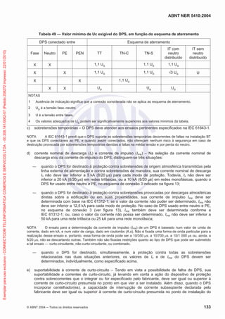 ABNT NBR 5410:2004
© ABNT 2004 Todos os direitos reservados 133
Tabela 49 — Valor mínimo de Uc exigível do DPS, em função do esquema de aterramento
DPS conectado entre Esquema de aterramento
Fase Neutro PE PEN TT TN-C TN-S
IT com
neutro
distribuído
IT sem
neutro
distribuído
X X 1,1 Uo 1,1 Uo 1,1 Uo
X X 1,1 Uo 1,1 Uo 3 Uo U
X X 1,1 Uo
X X Uo Uo Uo
NOTAS
1 Ausência de indicação significa que a conexão considerada não se aplica ao esquema de aterramento.
2 Uo é a tensão fase–neutro.
3 U é a tensão entre fases.
4 Os valores adequados de Uc podem ser significativamente superiores aos valores mínimos da tabela.
c) sobretensões temporárias – O DPS deve atender aos ensaios pertinentes especificados na IEC 61643-1.
NOTA A IEC 61643-1 prevê que o DPS suporte as sobretensões temporárias decorrentes de faltas na instalação BT
e que os DPS conectáveis ao PE, e quando assim conectados, não ofereçam nenhum risco à segurança em caso de
destruição provocada por sobretensões temporárias devidas a faltas na média tensão e por perda do neutro.
d) corrente nominal de descarga (In) e corrente de impulso (Iimp) – Na seleção da corrente nominal de
descarga e/ou da corrente de impulso do DPS, distinguem-se três situações:
quando o DPS for destinado à proteção contra sobretensões de origem atmosférica transmitidas pela
linha externa de alimentação e contra sobretensões de manobra, sua corrente nominal de descarga
In não deve ser inferior a 5 kA (8/20 µs) para cada modo de proteção. Todavia, In não deve ser
inferior a 20 kA (8/20 µs) em redes trifásicas, ou a 10 kA (8/20 µs) em redes monofásicas, quando o
DPS for usado entre neutro e PE, no esquema de conexão 3 indicado na figura 13;
quando o DPS for destinado à proteção contra sobretensões provocadas por descargas atmosféricas
diretas sobre a edificação ou em suas proximidades, sua corrente de impulso Iimp deve ser
determinada com base na IEC 61312-1; se o valor da corrente não puder ser determinado, Iimp não
deve ser inferior a 12,5 kA para cada modo de proteção. No caso de DPS usado entre neutro e PE,
no esquema de conexão 3 (ver figura 13), Iimp também deve ser determinada conforme a
IEC 61312-1; ou, caso o valor da corrente não possa ser determinado, Iimp não deve ser inferior a
50 kA para uma rede trifásica ou 25 kA para uma rede monofásica;
NOTA O ensaio para a determinação da corrente de impulso (Iimp) de um DPS é baseado num valor de crista de
corrente, dado em kA, e num valor de carga, dado em coulombs (A.s). Não é fixada uma forma de onda particular para a
realização desse ensaio e, portanto, essa forma de onda pode ser a 10/350 s, a 10/700 s, a 10/1 000 s ou, ainda, a
8/20 s, não se descartando outras. Também não são fixadas restrições quanto ao tipo de DPS que pode ser submetido
a tal ensaio — curto-circuitante, não-curto-circuitante, ou combinado.
quando o DPS for destinado, simultaneamente, à proteção contra todas as sobretensões
relacionadas nas duas situações anteriores, os valores de In e de Iimp do DPS devem ser
determinados, individualmente, como especificado acima.
e) suportabilidade à corrente de curto-circuito – Tendo em vista a possibilidade de falha do DPS, sua
suportabilidade a correntes de curto-circuito, já levando em conta a ação do dispositivo de proteção
contra sobrecorrentes que o integrar ou for especificado pelo fabricante, deve ser igual ou superior à
corrente de curto-circuito presumida no ponto em que vier a ser instalado. Além disso, quando o DPS
incorporar centelhador(es), a capacidade de interrupção de corrente subseqüente declarada pelo
fabricante deve ser igual ou superior à corrente de curto-circuito presumida no ponto de instalação do
Exemplarparausoexclusivo-CONNECTCOMTELEINFORMATICACOMERCIOESERVICOSLTDA-00.308.141/0002-57(Pedido208272Impresso:22/01/2010)
 