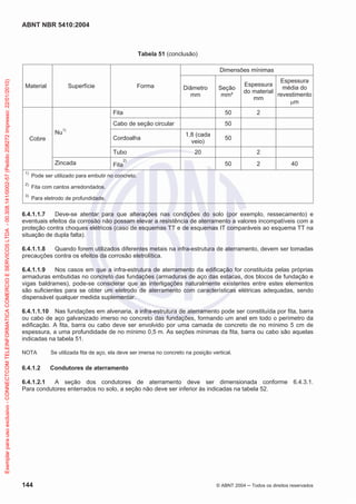 ABNT NBR 5410:2004
144 © ABNT 2004 Todos os direitos reservados
Tabela 51 (conclusão)
Material Superfície Forma
Dimensões mínimas
Diâmetro
mm
Seção
mm²
Espessura
do material
mm
Espessura
média do
revestimento
m
Cobre
Nu1)
Fita 50 2
Cabo de seção circular 50
Cordoalha
1,8 (cada
veio)
50
Tubo 20 2
Zincada Fita
2)
50 2 40
1)
Pode ser utilizado para embutir no concreto.
2)
Fita com cantos arredondados.
3)
Para eletrodo de profundidade.
6.4.1.1.7 Deve-se atentar para que alterações nas condições do solo (por exemplo, ressecamento) e
eventuais efeitos da corrosão não possam elevar a resistência de aterramento a valores incompatíveis com a
proteção contra choques elétricos (caso de esquemas TT e de esquemas IT comparáveis ao esquema TT na
situação de dupla falta).
6.4.1.1.8 Quando forem utilizados diferentes metais na infra-estrutura de aterramento, devem ser tomadas
precauções contra os efeitos da corrosão eletrolítica.
6.4.1.1.9 Nos casos em que a infra-estrutura de aterramento da edificação for constituída pelas próprias
armaduras embutidas no concreto das fundações (armaduras de aço das estacas, dos blocos de fundação e
vigas baldrames), pode-se considerar que as interligações naturalmente existentes entre estes elementos
são suficientes para se obter um eletrodo de aterramento com características elétricas adequadas, sendo
dispensável qualquer medida suplementar.
6.4.1.1.10 Nas fundações em alvenaria, a infra-estrutura de aterramento pode ser constituída por fita, barra
ou cabo de aço galvanizado imerso no concreto das fundações, formando um anel em todo o perímetro da
edificação. A fita, barra ou cabo deve ser envolvido por uma camada de concreto de no mínimo 5 cm de
espessura, a uma profundidade de no mínimo 0,5 m. As seções mínimas da fita, barra ou cabo são aquelas
indicadas na tabela 51.
NOTA Se utilizada fita de aço, ela deve ser imersa no concreto na posição vertical.
6.4.1.2 Condutores de aterramento
6.4.1.2.1 A seção dos condutores de aterramento deve ser dimensionada conforme 6.4.3.1.
Para condutores enterrados no solo, a seção não deve ser inferior às indicadas na tabela 52.
Exemplarparausoexclusivo-CONNECTCOMTELEINFORMATICACOMERCIOESERVICOSLTDA-00.308.141/0002-57(Pedido208272Impresso:22/01/2010)
 