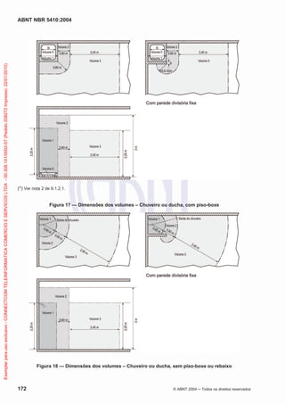 ABNT NBR 5410:2004
172 © ABNT 2004 Todos os direitos reservados
(*) Ver nota 2 de 9.1.2.1.
Figura 17 — Dimensões dos volumes – Chuveiro ou ducha, com piso-boxe
Figura 18 — Dimensões dos volumes – Chuveiro ou ducha, sem piso-boxe ou rebaixo
Exemplarparausoexclusivo-CONNECTCOMTELEINFORMATICACOMERCIOESERVICOSLTDA-00.308.141/0002-57(Pedido208272Impresso:22/01/2010)
 