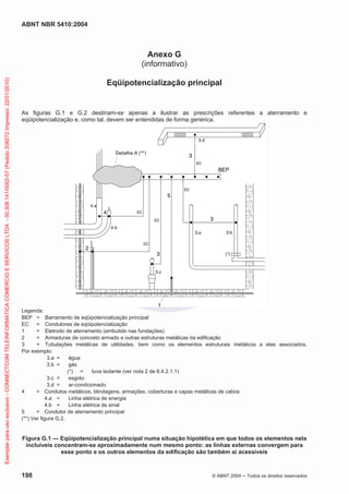 ABNT NBR 5410:2004
198 © ABNT 2004 Todos os direitos reservados
Anexo G
(informativo)
Eqüipotencialização principal
As figuras G.1 e G.2 destinam-se apenas a ilustrar as prescrições referentes a aterramento e
eqüipotencialização e, como tal, devem ser entendidas de forma genérica.
Legenda:
BEP = Barramento de eqüipotencialização principal
EC = Condutores de eqüipotencialização
1 = Eletrodo de aterramento (embutido nas fundações)
2 = Armaduras de concreto armado e outras estruturas metálicas da edificação
3 = Tubulações metálicas de utilidades, bem como os elementos estruturais metálicos a elas associados.
Por exemplo:
3.a = água
3.b = gás
(*) = luva isolante (ver nota 2 de 6.4.2.1.1)
3.c = esgoto
3.d = ar-condicionado
4 = Condutos metálicos, blindagens, armações, coberturas e capas metálicas de cabos
4.a = Linha elétrica de energia
4.b = Linha elétrica de sinal
5 = Condutor de aterramento principal
(**) Ver figura G.2.
Figura G.1 — Eqüipotencialização principal numa situação hipotética em que todos os elementos nela
incluíveis concentram-se aproximadamente num mesmo ponto: as linhas externas convergem para
esse ponto e os outros elementos da edificação são também aí acessíveis
Exemplarparausoexclusivo-CONNECTCOMTELEINFORMATICACOMERCIOESERVICOSLTDA-00.308.141/0002-57(Pedido208272Impresso:22/01/2010)
 