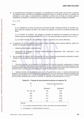 ABNT NBR 5410:2004
© ABNT 2004 Todos os direitos reservados 39
d) as características do dispositivo de proteção e a impedância do circuito devem ser tais que, ocorrendo
em qualquer ponto uma falta de impedância desprezível entre um condutor de fase e o condutor de
proteção ou uma massa, o seccionamento automático se efetue em um tempo no máximo igual ao
especificado na tabela 25. Considera-se a prescrição atendida se a seguinte condição for satisfeita:
Zs . Ia Uo
onde:
Zs é a impedância, em ohms, do percurso da corrente de falta, composto da fonte, do condutor vivo,
até o ponto de ocorrência da falta, e do condutor de proteção, do ponto de ocorrência da falta até a
fonte;
Ia é a corrente, em ampères, que assegura a atuação do dispositivo de proteção num tempo no
máximo igual ao especificado na tabela 25, ou a 5 s, nos casos previstos na alínea c) de 5.1.2.2.4.1;
Uo é a tensão nominal, em volts, entre fase e neutro, valor eficaz em corrente alternada.
e) no esquema TN, no seccionamento automático visando proteção contra choques elétricos, podem ser
usados os seguintes dispositivos de proteção:
dispositivos de proteção a sobrecorrente;
dispositivos de proteção a corrente diferencial-residual (dispositivos DR), observado o que
estabelece a alínea f);
f) não se admite, na variante TN-C do esquema TN, que a função de seccionamento automático visando
proteção contra choques elétricos seja atribuída aos dispositivos DR.
NOTAS
1 Para tornar possível o uso do dispositivo DR, o esquema TN-C deve ser convertido, imediatamente a montante
do ponto de instalação do dispositivo, em esquema TN-C-S. Isto é: o condutor PEN deve ser desmembrado em dois
condutores distintos para as funções de neutro e de PE, sendo esta separação feita do lado fonte do dispositivo DR,
passando então o condutor neutro internamente e o condutor PE externamente ao dispositivo.
2 Admite-se também que, na separação entre neutro e PE a que alude a nota 1, o condutor responsável pela
função PE não seja ligado ao PEN, do lado fonte do dispositivo DR, mas a um eletrodo de aterramento qualquer cuja
resistência seja compatível com a corrente de atuação do dispositivo. Neste caso, porém, o circuito assim protegido
deve ser então considerado como conforme o esquema TT, aplicando-se as prescrições de 5.1.2.2.4.3.
Tabela 25 — Tempos de seccionamento máximos no esquema TN
Uo
V
Tempo de seccionamento
s
Situação 1 Situação 2
115, 120, 127 0,8 0,35
220 0,4 0,20
254 0,4 0,20
277 0,4 0,20
400 0,2 0,05
NOTAS
1 Uo é a tensão nominal entre fase e neutro, valor eficaz em corrente alternada.
2 As situações 1 e 2 estão definidas no anexo C.
Exemplarparausoexclusivo-CONNECTCOMTELEINFORMATICACOMERCIOESERVICOSLTDA-00.308.141/0002-57(Pedido208272Impresso:22/01/2010)
 