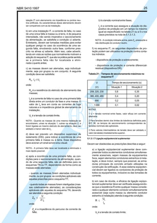 NBR 5410:1997 25
talação IT com aterramento via impedância ou pontos neu-
tros artificiais. As características desse aterramento devem
ser compatíveis com as da instalação.
b) em uma instalação IT, a corrente de falta, no caso
de uma única falta à massa ou à terra, é de pequena
intensidade, não sendo imperativo o seccionamento
da alimentação, se satisfeita a condição c) adiante.
Entretanto, devem ser tomadas medidas para evitar
qualquer perigo no caso da ocorrência de uma se-
gunda falta, envolvendo outra fase, conforme pres-
crito na alínea e) adiante. Além isso, cabe advertir,
tendo em vista as razões que normalmente motivam a
adoção do esquema IT, que ela na prática perde sentido
se a primeira falta não for localizada e elimi-
nada o quanto antes;
c) as massas devem ser aterradas, seja individual-
mente, seja por grupos ou em conjunto. A seguinte
condição deve ser satisfeita:
RA
. Id
≤ UL
onde:
RA
é a resistência do eletrodo de aterramento das
massas;
Id
é a corrente de falta no caso de uma primeira falta
direta entre um condutor de fase e uma massa. O
valor de Id
leva em conta as correntes de fuga
naturais e a impedância global de aterramento da
instalação;
UL
é a tensão de contato limite.
NOTA - Quando as massas de uma mesma instalação se
encontrarem, umas na situação 1, outras na situação 2, e
forem ligadas ao mesmo eletrodo de aterramento, deve ser
adotado o menor valor de UL.
d) deve ser previsto um dispositivo supervisor de
isolamento (DSI), para indicar a ocorrência de uma
primeira falta à massa ou à terra. Esse dispositivo
deve acionar um sinal sonoro e/ou visual;
NOTA - A primeira falta deve ser localizada e eliminada o
mais rápido possível.
e) após a ocorrência de uma primeira falta, as con-
dições para o seccionamento da alimentação, quan-
do de uma segunda falta, são as definidas para os
esquemas TN ou TT, dependendo da forma como as
massas estão aterradas:
- quando as massas forem aterradas individual-
mente, ou por grupos, as condições aplicáveis são
aquelas prescritas para o esquema TT;
- quando todas as massas forem interligadas (mas-
sas coletivamente aterradas), as considerações
aplicáveis são aquelas do esquema TN, devendo
ser atendida a seguinte condição:
onde:
Zs
é a impedância do percurso da corrente de
falta;
U é a tensão nominal entre fases;
Ia
é a corrente que assegura a atuação do dis-
positivo de proteção em um tempo no máximo
igual ao especificado na tabela 21 ou a 5 s nos
casos previstos na nota de 5.1.3.1.3.
NOTA - A condição indicada acima, para Zs, pressupõe a
não distribuição do condutor neutro.
f) no esquema IT, os seguintes dispositivos de pro-
teção podem ser utilizados na proteção contra conta-
tos indiretos:
- dispositivos de proteção a sobrecorrente;
- dispositivos de proteção a corrente diferencial-
residual (dispositivos DR).
Tabela 21 - Tempos de seccionamento máximos no
esquema IT
U Tempo de seccionamento (s)
(V) Situação 1 Situação 2
208, 220, 230 0,8 0,35
380, 400, 480 0,4 0,20
690 0,2 0,05
1 000 0,1 0,02
NOTAS
1 U = tensão nominal entre fases, valor eficaz em corrente
alternada.
2 Para tensões dentro dos limites de tolerância definidos pela
IEC 38, os tempos de seccionamento correspondentes às
tensões nominais são aplicáveis.
3 Para valores intermediários de tensão deve ser adotado o
valor (da tabela) imediatamente superior.
5.1.3.1.7 Ligação eqüipotencial suplementar
Devem ser obedecidas as prescrições descritas a seguir:
a) a ligação eqüipotencial suplementar deve com-
preender todos os elementos condutores simultanea-
mente acessíveis, sejam massas de equipamentos
fixos, sejam elementos condutores estranhos à insta-
lação, e deve incluir, sempre que possível, as arma-
duras principais de concreto armado utilizadas na
construção da edificação. A esse sistema eqüipoten-
cial devem ser ligados os condutores de proteção de
todos os equipamentos, inclusive os das tomadas de
corrente;
b) em caso de dúvida, a eficácia da ligação eqüipo-
tencial suplementar deve ser verificada assegurando-
se que a resistência R entre qualquer massa conside-
rada e qualquer elemento condutor simultaneamente
acessível (seja outra massa ou elemento condutor
estranho à instalação) atenda à seguinte condição:
onde:
UL
é a tensão de contato limite;
Licença de uso exclusivo para Petrobrás S/A
Cópia impressa pelo Sistema Target CENWeb
 