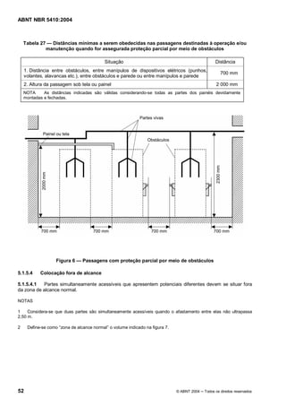 ABNT NBR 5410:2004
52 © ABNT 2004 Todos os direitos reservados
Tabela 27 Distâncias mínimas a serem obedecidas nas passagens destinadas à operação e/ou
manutenção quando for assegurada proteção parcial por meio de obstáculos
Situação Distância
1. Distância entre obstáculos, entre manípulos de dispositivos elétricos (punhos,
volantes, alavancas etc.), entre obstáculos e parede ou entre manípulos e parede
700 mm
2. Altura da passagem sob tela ou painel 2 000 mm
NOTA As distâncias indicadas são válidas considerando-se todas as partes dos painéis devidamente
montadas e fechadas.
Figura 6 Passagens com proteção parcial por meio de obstáculos
5.1.5.4 Colocação fora de alcance
5.1.5.4.1 Partes simultaneamente acessíveis que apresentem potenciais diferentes devem se situar fora
da zona de alcance normal.
NOTAS
1 Considera-se que duas partes são simultaneamente acessíveis quando o afastamento entre elas não ultrapassa
2,50 m.
2 Define-se como zona de alcance normal o volume indicado na figura 7.
Licença de uso exclusivo para Target Engenharia e Consultoria Ltda
Cópia impressa pelo sistema GEDWEB em 28/09/2004
 