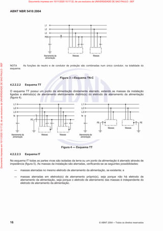 ABNT NBR 5410:2004
16 © ABNT 2004  Todos os direitos reservados
NOTA As funções de neutro e de condutor de proteção são combinadas num único condutor, na totalidade do
esquema.
Figura 3 —Esquema TN-C
4.2.2.2.2 Esquema TT
O esquema TT possui um ponto da alimentação diretamente aterrado, estando as massas da instalação
ligadas a eletrodo(s) de aterramento eletricamente distinto(s) do eletrodo de aterramento da alimentação
(figura 4).
Figura 4 — Esquema TT
4.2.2.2.3 Esquema IT
No esquema IT todas as partes vivas são isoladas da terra ou um ponto da alimentação é aterrado através de
impedância (figura 5). As massas da instalação são aterradas, verificando-se as seguintes possibilidades:
 massas aterradas no mesmo eletrodo de aterramento da alimentação, se existente; e
 massas aterradas em eletrodo(s) de aterramento próprio(s), seja porque não há eletrodo de
aterramento da alimentação, seja porque o eletrodo de aterramento das massas é independente do
eletrodo de aterramento da alimentação.
Documento
impresso
em
10/11/2020
10:17:32,
de
uso
exclusivo
de
UNIVERSIDADE
DE
SAO
PAULO
-
SEF Documento impresso em 10/11/2020 10:17:32, de uso exclusivo de UNIVERSIDADE DE SAO PAULO - SEF
 