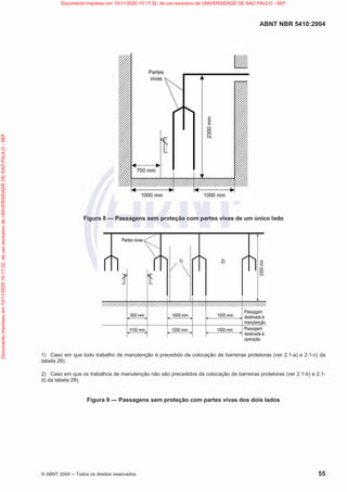 ABNT NBR 5410:2004
© ABNT 2004  Todos os direitos reservados 55
Figura 8 — Passagens sem proteção com partes vivas de um único lado
1) Caso em que todo trabalho de manutenção é precedido da colocação de barreiras protetoras (ver 2.1-a) e 2.1-c) da
tabela 28).
2) Caso em que os trabalhos de manutenção não são precedidos da colocação de barreiras protetoras (ver 2.1-b) e 2.1-
d) da tabela 28).
Figura 9 — Passagens sem proteção com partes vivas dos dois lados
Documento
impresso
em
10/11/2020
10:17:32,
de
uso
exclusivo
de
UNIVERSIDADE
DE
SAO
PAULO
-
SEF Documento impresso em 10/11/2020 10:17:32, de uso exclusivo de UNIVERSIDADE DE SAO PAULO - SEF
 