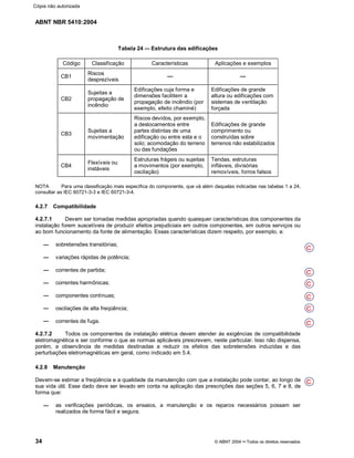 ABNT NBR 5410:2004
34 © ABNT 2004¡¡Todos os direitos reservados
Tabela 24 Estrutura das edificações
Código Classificação Características Aplicações e exemplos
CB1
Riscos
desprezíveis
CB2
Sujeitas a
propagação de
incêndio
Edificações cuja forma e
dimensões facilitem a
propagação de incêndio (por
exemplo, efeito chaminé)
Edificações de grande
altura ou edificações com
sistemas de ventilação
forçada
CB3
Sujeitas a
movimentação
Riscos devidos, por exemplo,
a deslocamentos entre
partes distintas de uma
edificação ou entre esta e o
solo; acomodação do terreno
ou das fundações
Edificações de grande
comprimento ou
construídas sobre
terrenos não estabilizados
CB4
Flexíveis ou
instáveis
Estruturas frágeis ou sujeitas
a movimentos (por exemplo,
oscilação)
Tendas, estruturas
infláveis, divisórias
removíveis, forros falsos
NOTA Para uma classificação mais específica do componente, que vá além daquelas indicadas nas tabelas 1 a 24,
consultar as IEC 60721-3-3 e IEC 60721-3-4.
4.2.7 Compatibilidade
4.2.7.1 Devem ser tomadas medidas apropriadas quando quaisquer características dos componentes da
instalação forem suscetíveis de produzir efeitos prejudiciais em outros componentes, em outros serviços ou
ao bom funcionamento da fonte de alimentação. Essas características dizem respeito, por exemplo, a:
sobretensões transitórias;
variações rápidas de potência;
correntes de partida;
correntes harmônicas;
componentes contínuas;
oscilações de alta freqüência;
correntes de fuga.
4.2.7.2 Todos os componentes da instalação elétrica devem atender às exigências de compatibilidade
eletromagnética e ser conforme o que as normas aplicáveis prescrevem, neste particular. Isso não dispensa,
porém, a observância de medidas destinadas a reduzir os efeitos das sobretensões induzidas e das
perturbações eletromagnéticas em geral, como indicado em 5.4.
4.2.8 Manutenção
Devem-se estimar a freqüência e a qualidade da manutenção com que a instalação pode contar, ao longo de
sua vida útil. Esse dado deve ser levado em conta na aplicação das prescrições das seções 5, 6, 7 e 8, de
forma que:
as verificações periódicas, os ensaios, a manutenção e os reparos necessários possam ser
realizados de forma fácil e segura;
C
C
C
C
C
C
C
Cópia não autorizada
 