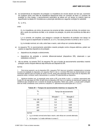 ABNT NBR 5410:2004
© ABNT 2004 ¡¡Todos os direitos reservados 39
d) as características do dispositivo de proteção e a impedância do circuito devem ser tais que, ocorrendo
em qualquer ponto uma falta de impedância desprezível entre um condutor de fase e o condutor de
proteção ou uma massa, o seccionamento automático se efetue em um tempo no máximo igual ao
especificado na tabela 25. Considera-se a prescrição atendida se a seguinte condição for satisfeita:
Zs . Ia Uo
onde:
Zs é a impedância, em ohms, do percurso da corrente de falta, composto da fonte, do condutor vivo,
até o ponto de ocorrência da falta, e do condutor de proteção, do ponto de ocorrência da falta até a
fonte;
Ia é a corrente, em ampères, que assegura a atuação do dispositivo de proteção num tempo no
máximo igual ao especificado na tabela 25, ou a 5 s, nos casos previstos na alínea c) de 5.1.2.2.4.1;
Uo é a tensão nominal, em volts, entre fase e neutro, valor eficaz em corrente alternada.
e) no esquema TN, no seccionamento automático visando proteção contra choques elétricos, podem ser
usados os seguintes dispositivos de proteção:
dispositivos de proteção a sobrecorrente;
dispositivos de proteção a corrente diferencial-residual (dispositivos DR), observado o que
estabelece a alínea f);
f) não se admite, na variante TN-C do esquema TN, que a função de seccionamento automático visando
proteção contra choques elétricos seja atribuída aos dispositivos DR.
NOTAS
1 Para tornar possível o uso do dispositivo DR, o esquema TN-C deve ser convertido, imediatamente a montante
do ponto de instalação do dispositivo, em esquema TN-C-S. Isto é: o condutor PEN deve ser desmembrado em dois
condutores distintos para as funções de neutro e de PE, sendo esta separação feita do lado fonte do dispositivo DR,
passando então o condutor neutro internamente e o condutor PE externamente ao dispositivo.
2 Admite-se também que, na separação entre neutro e PE a que alude a nota 1, o condutor responsável pela
função PE não seja ligado ao PEN, do lado fonte do dispositivo DR, mas a um eletrodo de aterramento qualquer cuja
resistência seja compatível com a corrente de atuação do dispositivo. Neste caso, porém, o circuito assim protegido
deve ser então considerado como conforme o esquema TT, aplicando-se as prescrições de 5.1.2.2.4.3.
Tabela 25 Tempos de seccionamento máximos no esquema TN
Uo
V
Tempo de seccionamento
s
Situação 1 Situação 2
115, 120, 127 0,8 0,35
220 0,4 0,20
254 0,4 0,20
277 0,4 0,20
400 0,2 0,05
NOTAS
1 Uo é a tensão nominal entre fase e neutro, valor eficaz em corrente alternada.
2 As situações 1 e 2 estão definidas no anexo C.
Cópia não autorizada
 