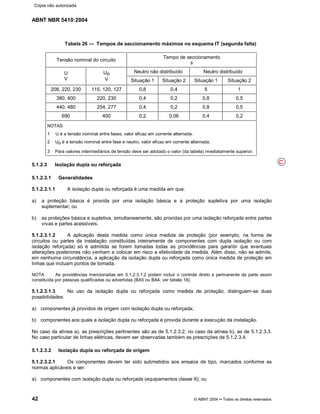 ABNT NBR 5410:2004
42 © ABNT 2004¡¡Todos os direitos reservados
Tabela 26 Tempos de seccionamento máximos no esquema IT (segunda falta)
Tensão nominal do circuito
Tempo de seccionamento
s
Neutro não distribuído Neutro distribuídoU
V
Uo
V Situação 1 Situação 2 Situação 1 Situação 2
208, 220, 230 115, 120, 127 0,8 0,4 5 1
380, 400 220, 230 0,4 0,2 0,8 0,5
440, 480 254, 277 0,4 0,2 0,8 0,5
690 400 0,2 0,06 0,4 0,2
NOTAS
1 U é a tensão nominal entre fases, valor eficaz em corrente alternada.
2 Uo é a tensão nominal entre fase e neutro, valor eficaz em corrente alternada.
3 Para valores intermediários de tensão deve ser adotado o valor (da tabela) imediatamente superior.
5.1.2.3 Isolação dupla ou reforçada
5.1.2.3.1 Generalidades
5.1.2.3.1.1 A isolação dupla ou reforçada é uma medida em que:
a) a proteção básica é provida por uma isolação básica e a proteção supletiva por uma isolação
suplementar; ou
b) as proteções básica e supletiva, simultaneamente, são providas por uma isolação reforçada entre partes
vivas e partes acessíveis.
5.1.2.3.1.2 A aplicação desta medida como única medida de proteção (por exemplo, na forma de
circuitos ou partes da instalação constituídas inteiramente de componentes com dupla isolação ou com
isolação reforçada) só é admitida se forem tomadas todas as providências para garantir que eventuais
alterações posteriores não venham a colocar em risco a efetividade da medida. Além disso, não se admite,
em nenhuma circunstância, a aplicação da isolação dupla ou reforçada como única medida de proteção em
linhas que incluam pontos de tomada.
NOTA As providências mencionadas em 5.1.2.3.1.2 podem incluir o controle direto e permanente da parte assim
constituída por pessoas qualificadas ou advertidas (BA5 ou BA4, ver tabela 18).
5.1.2.3.1.3 No uso da isolação dupla ou reforçada como medida de proteção, distinguem-se duas
possibilidades:
a) componentes já providos de origem com isolação dupla ou reforçada;
b) componentes aos quais a isolação dupla ou reforçada é provida durante a execução da instalação.
No caso da alínea a), as prescrições pertinentes são as de 5.1.2.3.2; no caso da alínea b), as de 5.1.2.3.3.
No caso particular de linhas elétricas, devem ser observadas também as prescrições de 5.1.2.3.4.
5.1.2.3.2 Isolação dupla ou reforçada de origem
5.1.2.3.2.1 Os componentes devem ter sido submetidos aos ensaios de tipo, marcados conforme as
normas aplicáveis e ser:
a) componentes com isolação dupla ou reforçada (equipamentos classe II); ou
C
Cópia não autorizada
 
