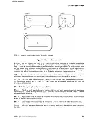ABNT NBR 5410:2004
© ABNT 2004 ¡¡Todos os direitos reservados 53
Onde : S = superfície sobre a qual se postam ou circulam pessoas.
Figura 7 Zona de alcance normal
5.1.5.4.2 Se, em espaços nos quais for prevista normalmente a presença ou circulação de pessoas
(qualificadas e/ou advertidas), houver obstáculo (por exemplo, corrimão ou tela) com grau de proteção inferior
a IPXXB ou IP2X, limitando a mobilidade no plano horizontal, a demarcação da zona de alcance normal deve
ser feita a partir deste obstáculo. No plano vertical, a delimitação da zona de alcance normal deve observar
os 2,50 m da superfície S, tal como indicado na figura 7, independentemente da existência de qualquer
obstáculo com grau de proteção inferior a IPXXB ou IP2X entre a superfície S e as partes vivas.
NOTA Os afastamentos delimitadores da zona de alcance normal são válidos para a hipótese de risco de as partes
vivas serem tocadas diretamente com as mãos, sem considerar elementos como ferramentas ou escadas.
5.1.5.4.3 Em locais onde objetos condutivos compridos ou volumosos forem manipulados habitualmente,
os afastamentos exigidos em 5.1.5.4.1 e 5.1.5.4.2 devem ser aumentados levando-se em conta as
dimensões de tais objetos.
5.1.6 Omissão da proteção contra choques elétricos
5.1.6.1 Admite-se omitir a proteção contra choques elétricos nos locais acessíveis somente a pessoas
advertidas (BA4 - tabela 18) ou qualificadas (BA5 - tabela 18) e se as condições de 5.1.6.2 a 5.1.6.7 forem
simultaneamente satisfeitas.
5.1.6.2 A pessoa BA4 ou BA5 (tabela 18) deve estar devidamente instruída com relação às condições do
local e às tarefas a serem nele executadas.
5.1.6.3 Os locais devem ser sinalizados de forma clara e visível, por meio de indicações apropriadas.
5.1.6.4 Não deve ser possível ingressar nos locais sem o auxílio ou a liberação de algum dispositivo
especial.
Cópia não autorizada
 